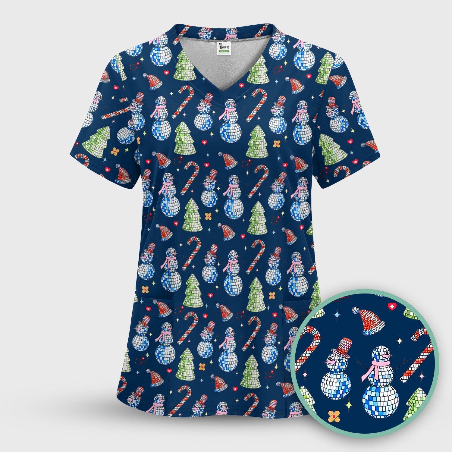Funny Christmas Snowman Scrub Top for Women - Breathable Fabrics Med Uniform - Comfortable Scrubs for Nurses - Xmas Gift for Her