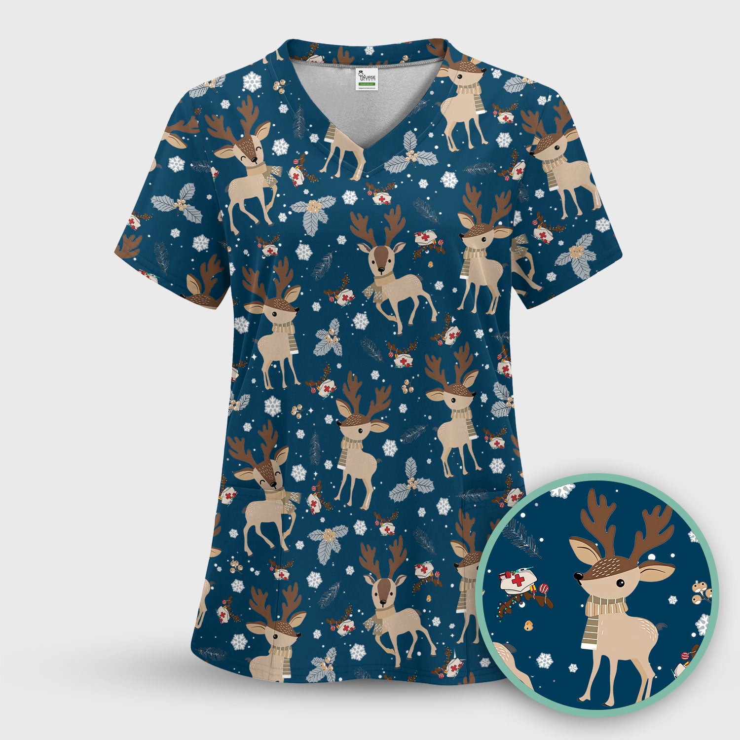 Reindeer Christmas Scrub Top - Cozy Beige Holiday Nurse Shirt with Cute Deer Pattern - Festive Medical Scrubs for Women RN CNA LPN