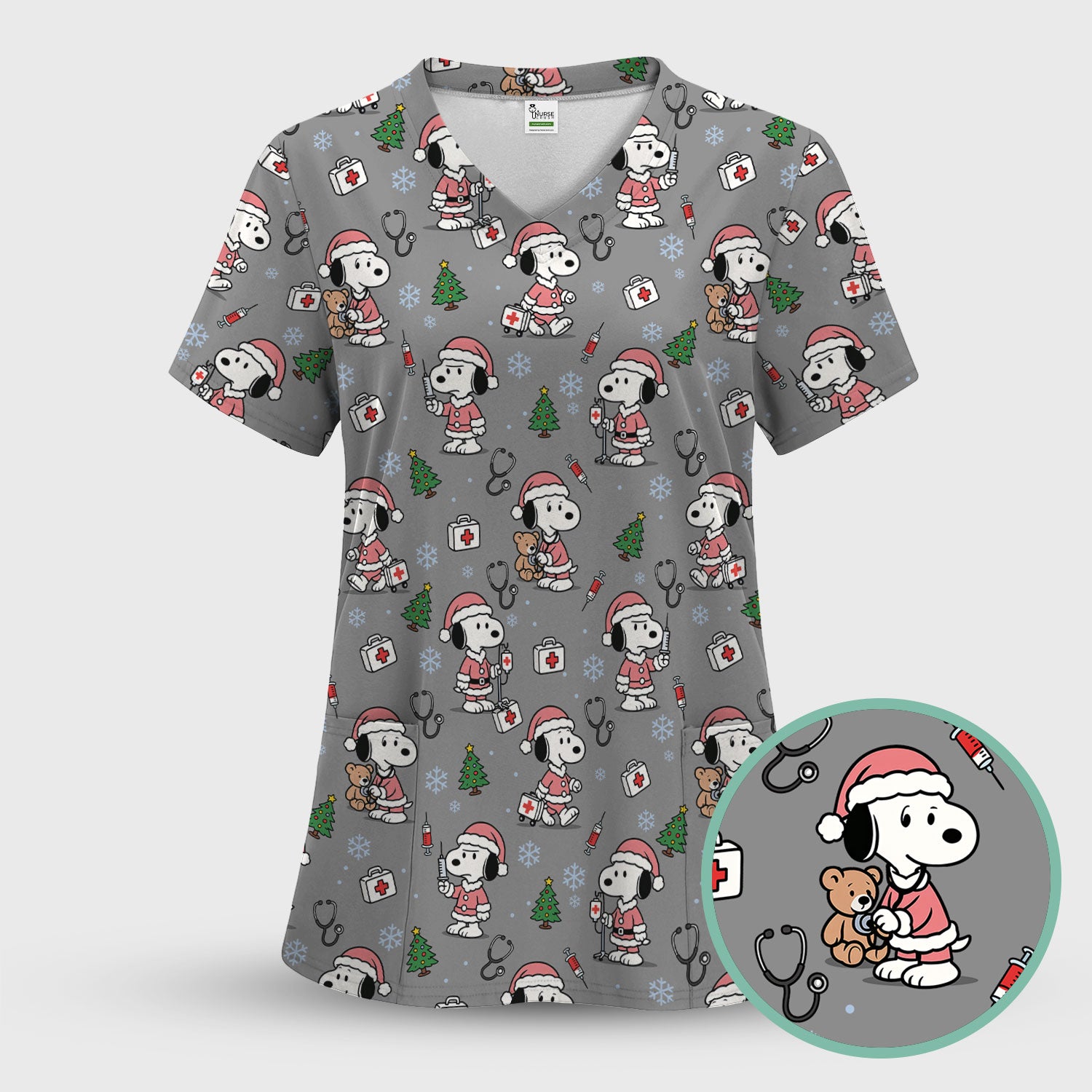 Snoopy Christmas Nurse Scrub Top for Women - Cute Cartoon Holiday Medical Uniform with Pockets - Nursing Gift for RN CNA LPN
