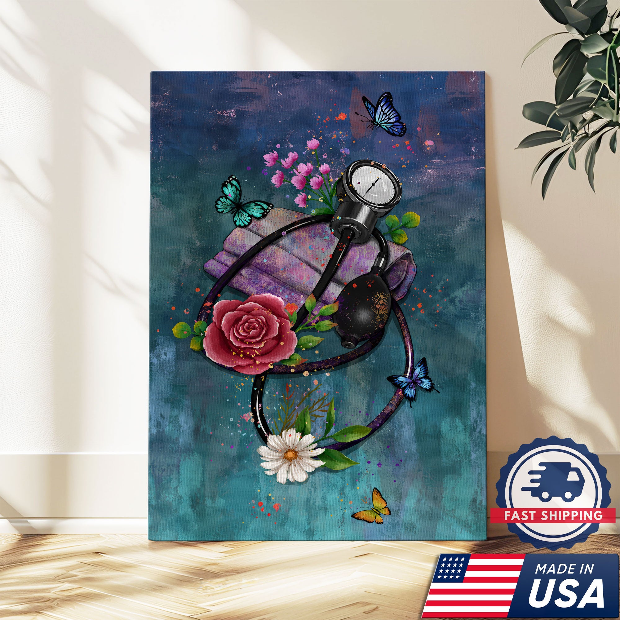 Butterfly Floral Stethoscope Nurse Canvas Wall Art for RN, CNA, Healthcare Office Decor