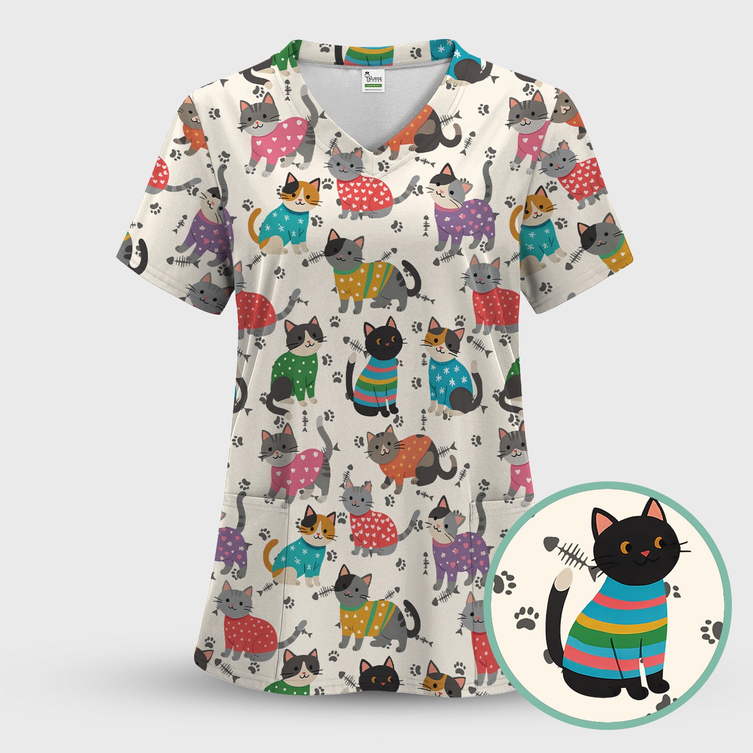 Cute Cat Nurse Scrub Top Multi Color - Funny Kitty Print Scrub Shirt for Women - Colorful Nursing Work Shirt with Pockets