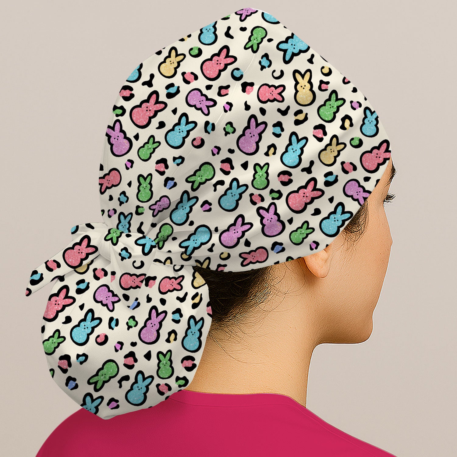 Cute Easter Bunny Pastel Pattern Print Cap, Bouffant Scrub Caps for Women