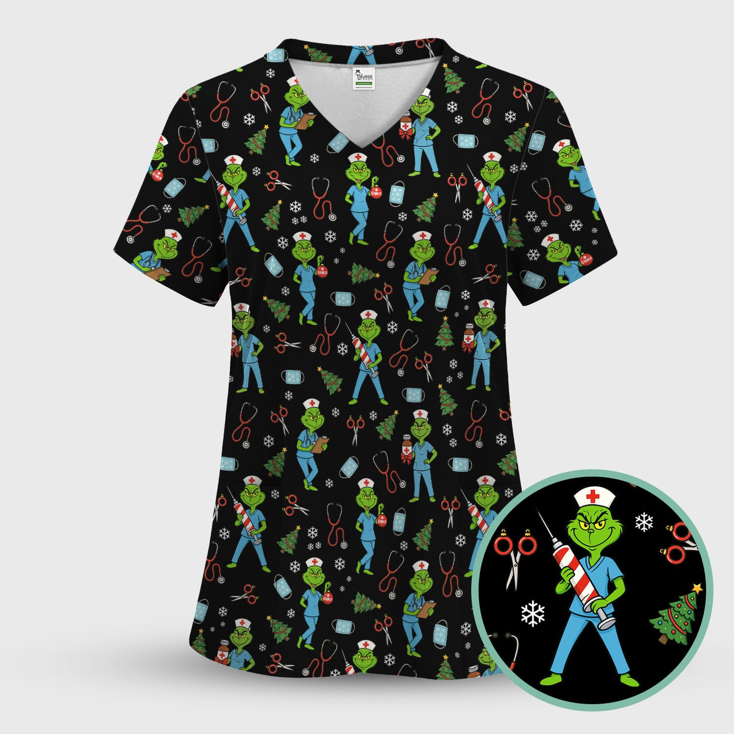 Grinch Christmas Scrub Top for Nurses - Funny Medical Workwear Top - RN LPN CNA Gift