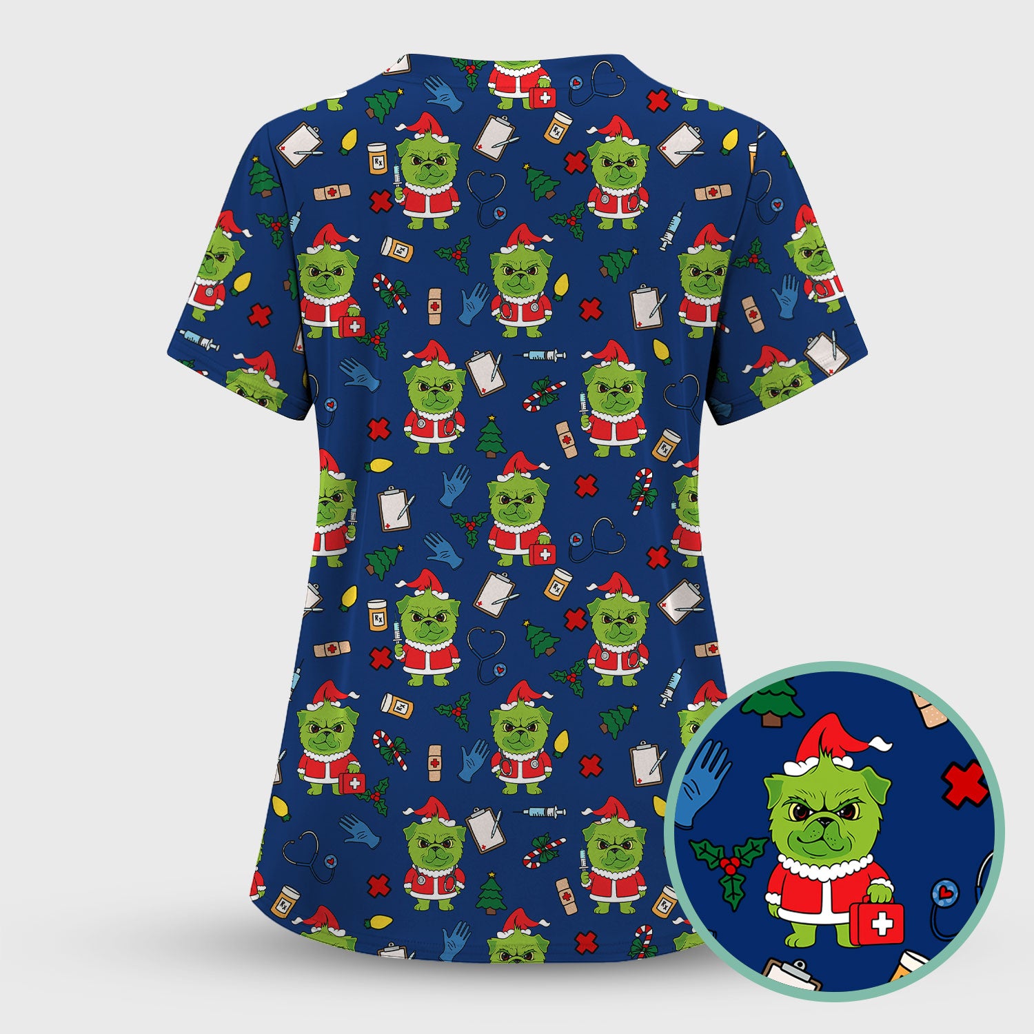Funny Nurse Christmas Scrubs Set - Grumpy Dog Pattern with Medical Tools - Festive Holiday Scrub Top and Pants for Women