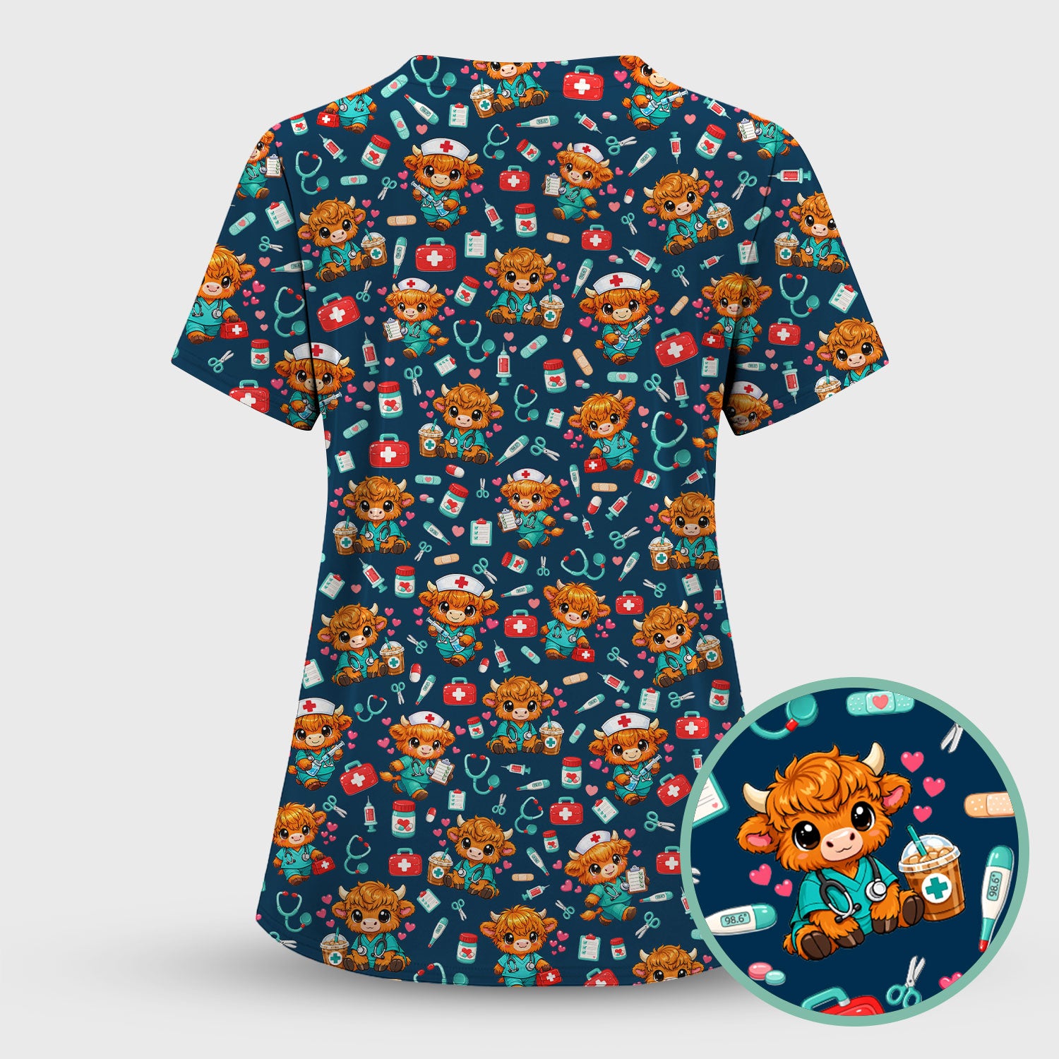 Cute Highland Cow Nurse Scrub Top, Kawaii Medical Pattern Shirt, Breathable Fabrics Nursing Uniform