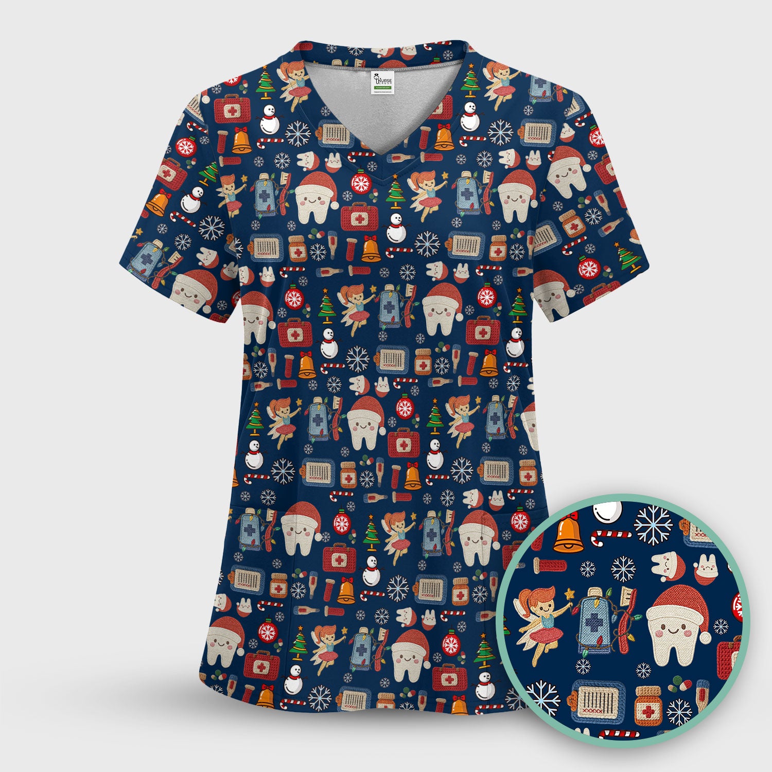 Christmas Dental Scrub Top - Cute Santa Tooth & Snowman Shirt - Festive Holiday Medical Uniform for Dentists, Hygienists & Nurses