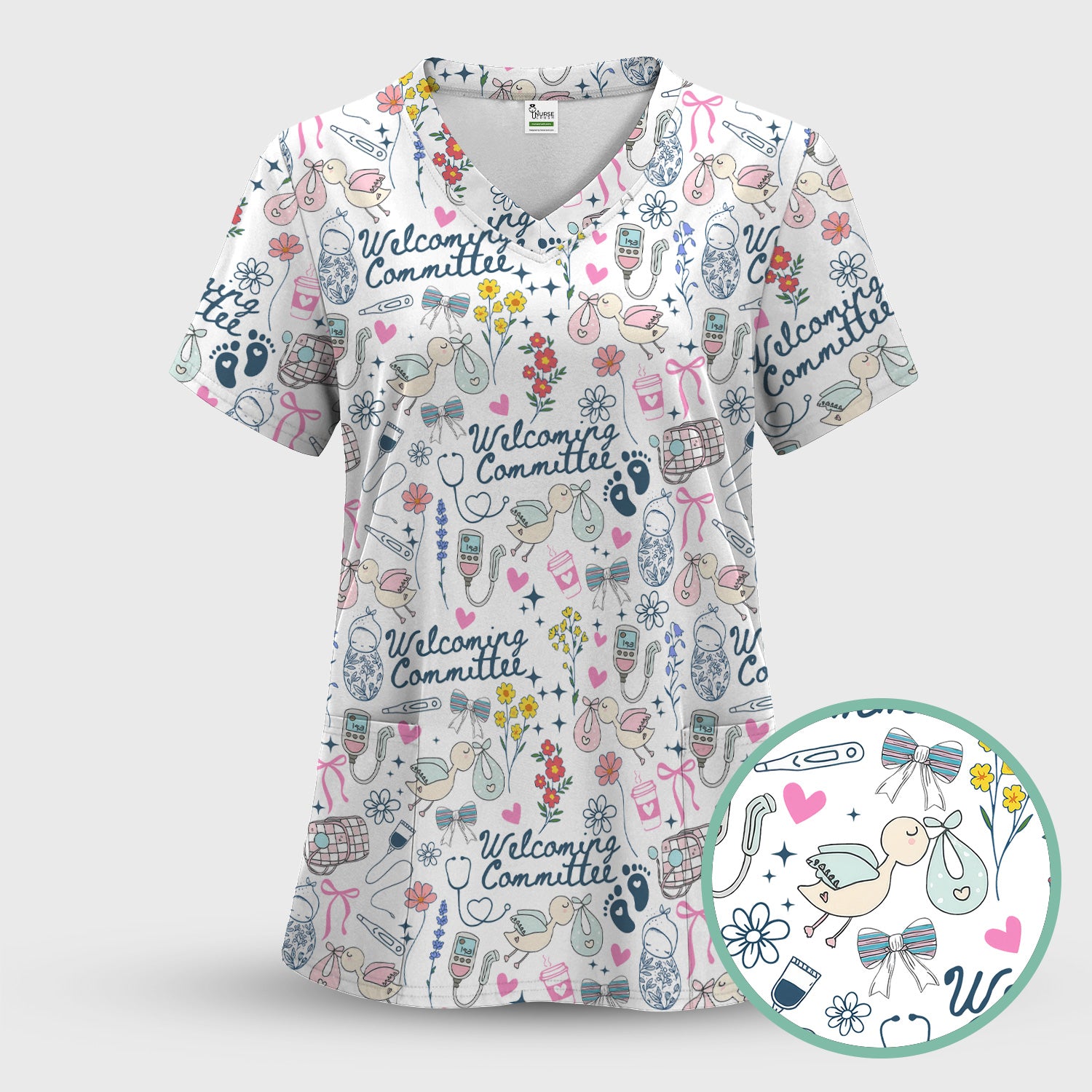 Funny NICU Nurse Tee - Cute Baby Feet & Floral Stork Pattern Graphic - Gift for Women RN LPN