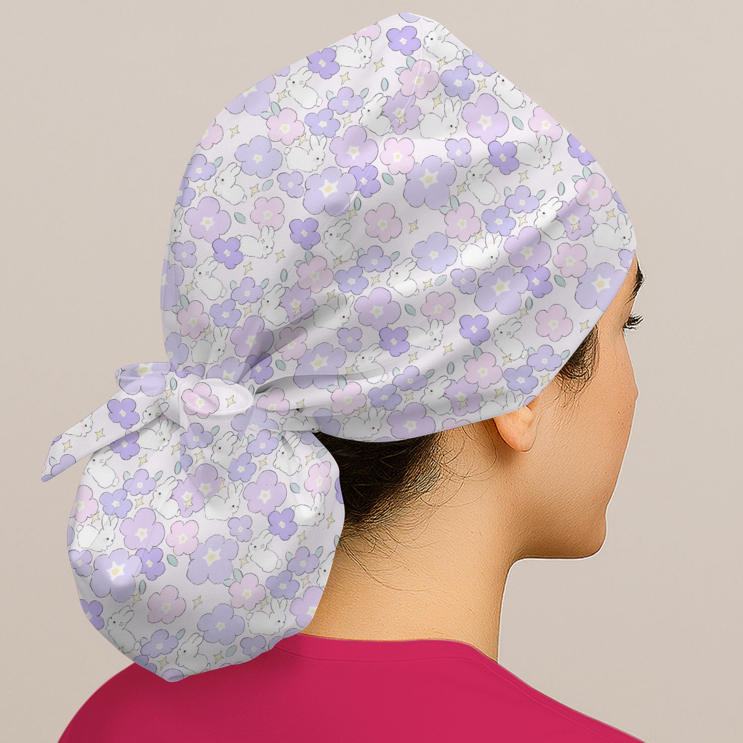 Cute Bunny Floral Pastel Pattern Scrub Cap, Breathable Fabrics Caps Uniform