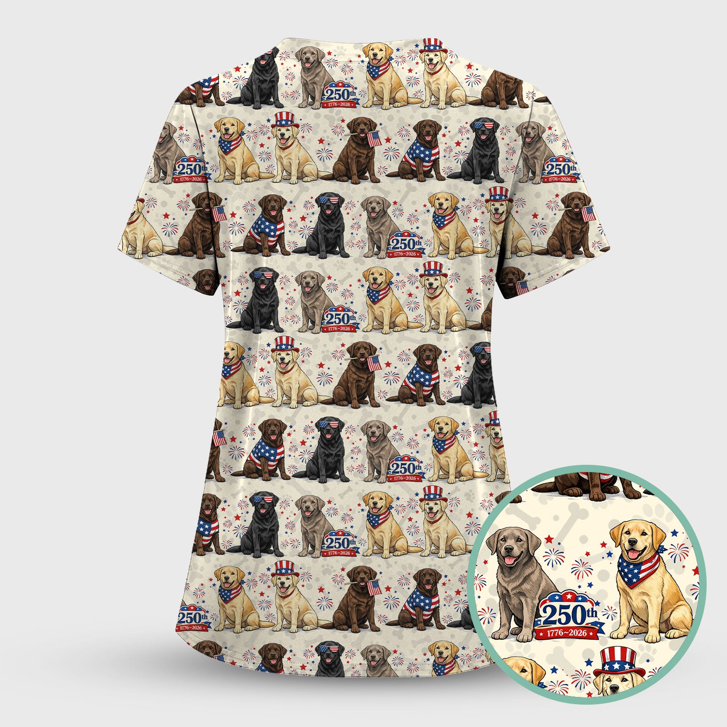 4th of July Labrador Dog Patriotic Print Scrub Set, Scrub Pants and V Neck Top