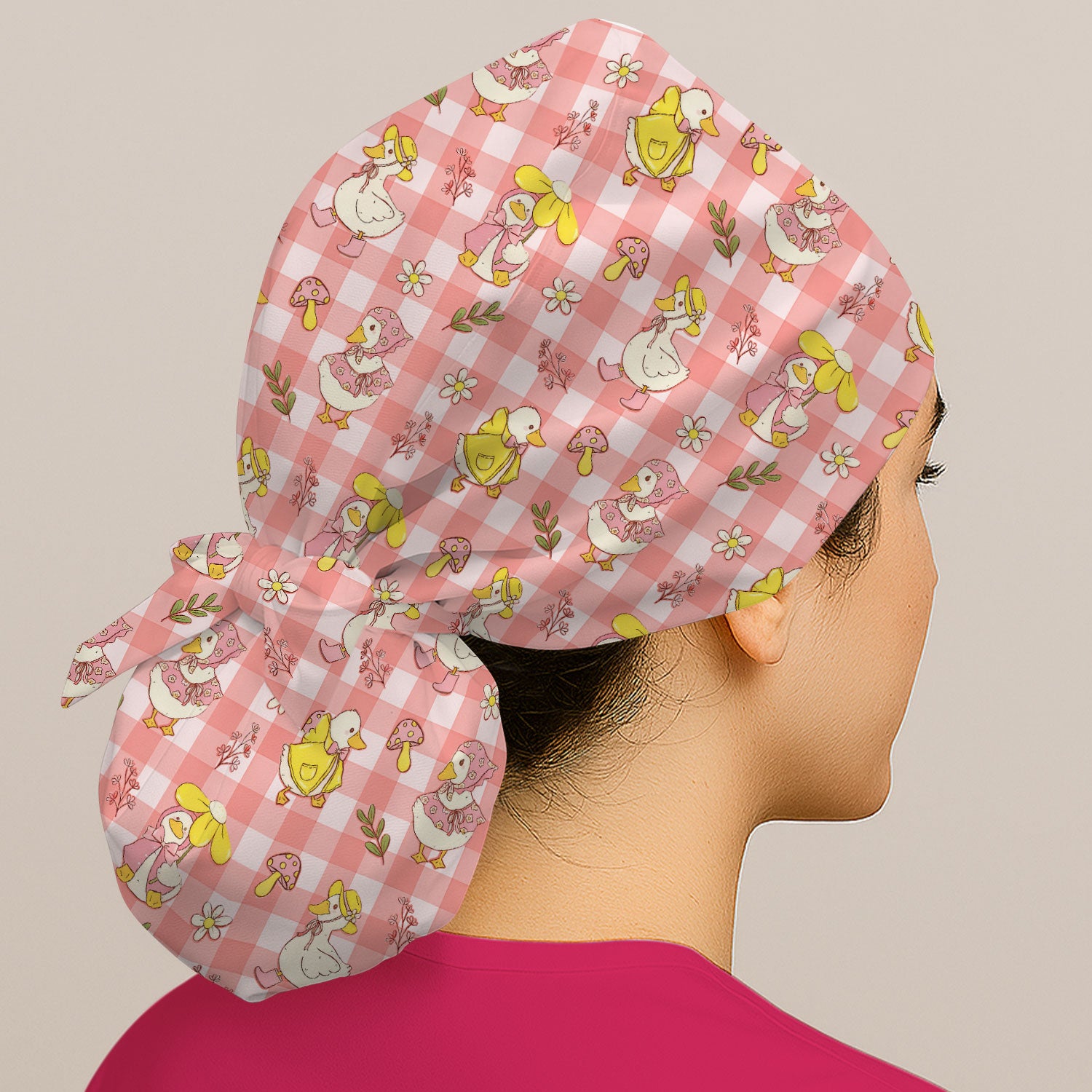 Cute Duck Outfit Gingham Pattern Scrub Cap, Bouffant Scrub Caps for Women