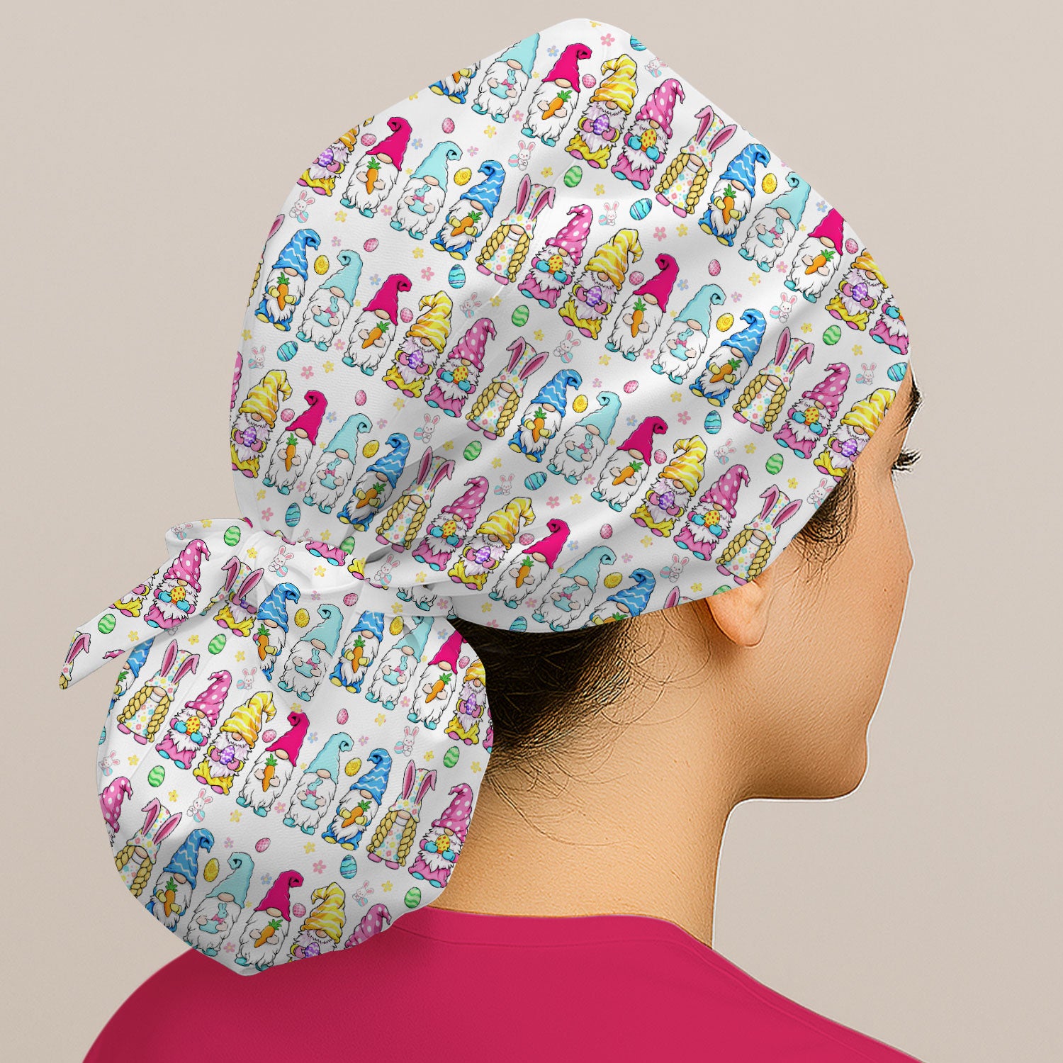 Colorful Easter Gnome Bunny Eggs Pattern Cap, Bouffant Scrub Caps for Women
