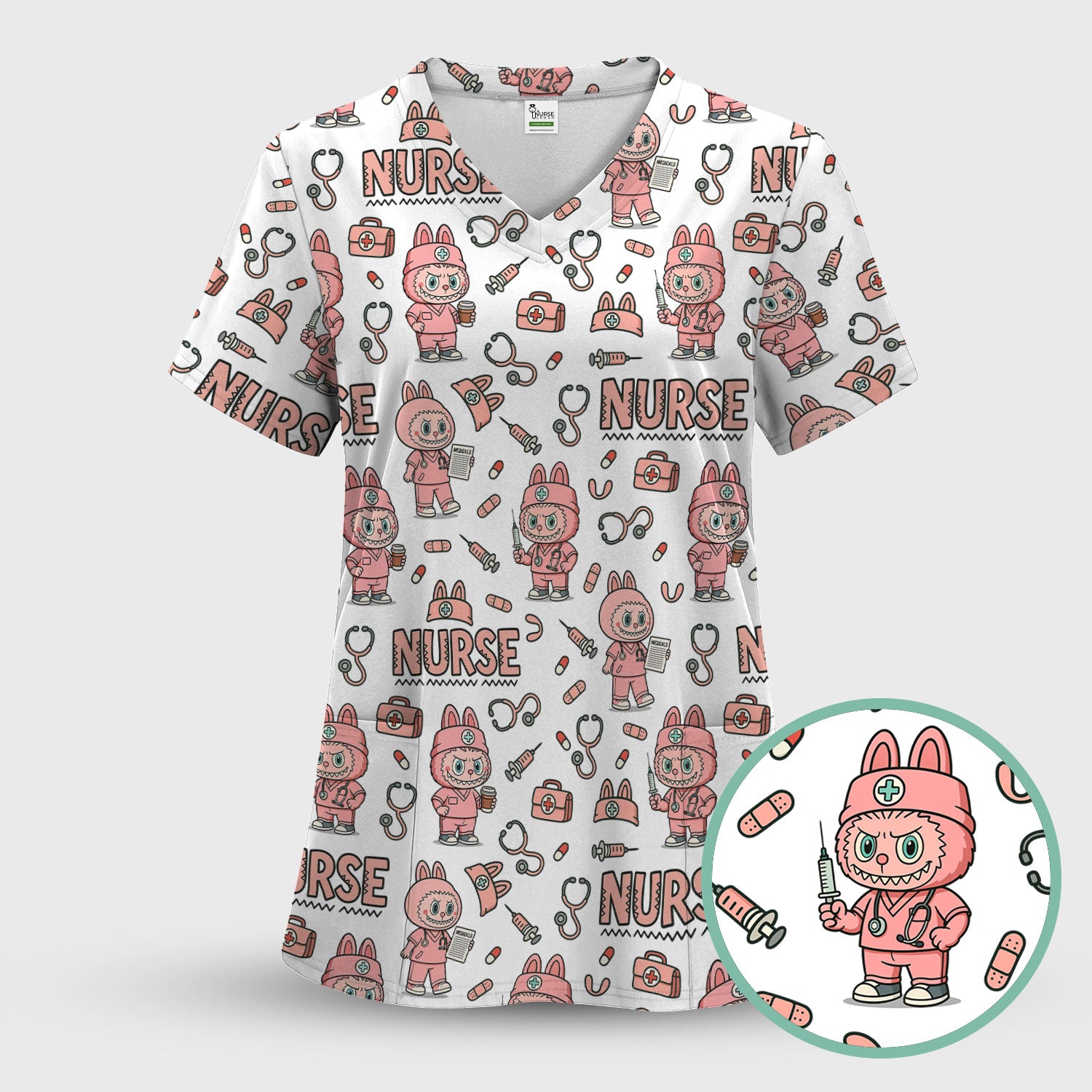 Bunny Cartoon Nurse Scrub Shirt  Cute Medical Top for Women CNA RN Doctor - Fun Scrubs Gift Idea for Nurses, Students, Holiday Season