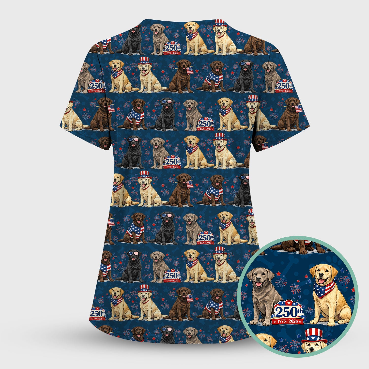4th of July Labrador Dog Patriotic Print Scrub Set, Scrub Pants and V Neck Top