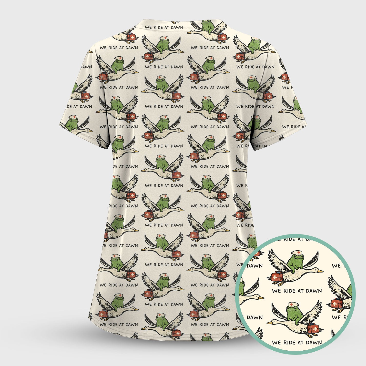 Funny Frog Riding Goose Nurse Pattern Scrub Set, Nurse Uniform Scrubs Set