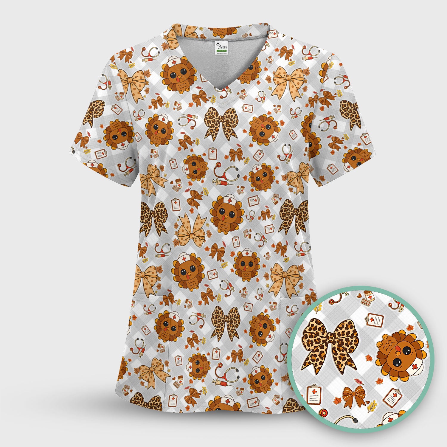 Thanksgiving Turkey Scrub Top for Nurses - Cute Fall Leaves and Bow Shirt - Funny Autumn Nursing Gift for Women RN LPN CNA