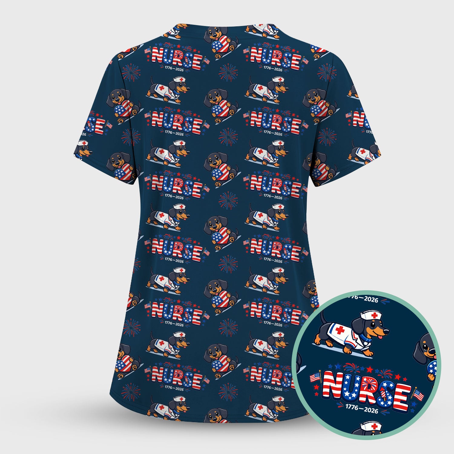 Proud Nurse Patriotic Dachshund Medical Firework Pattern Scrub Set, Nurse Uniform Scrubs Set