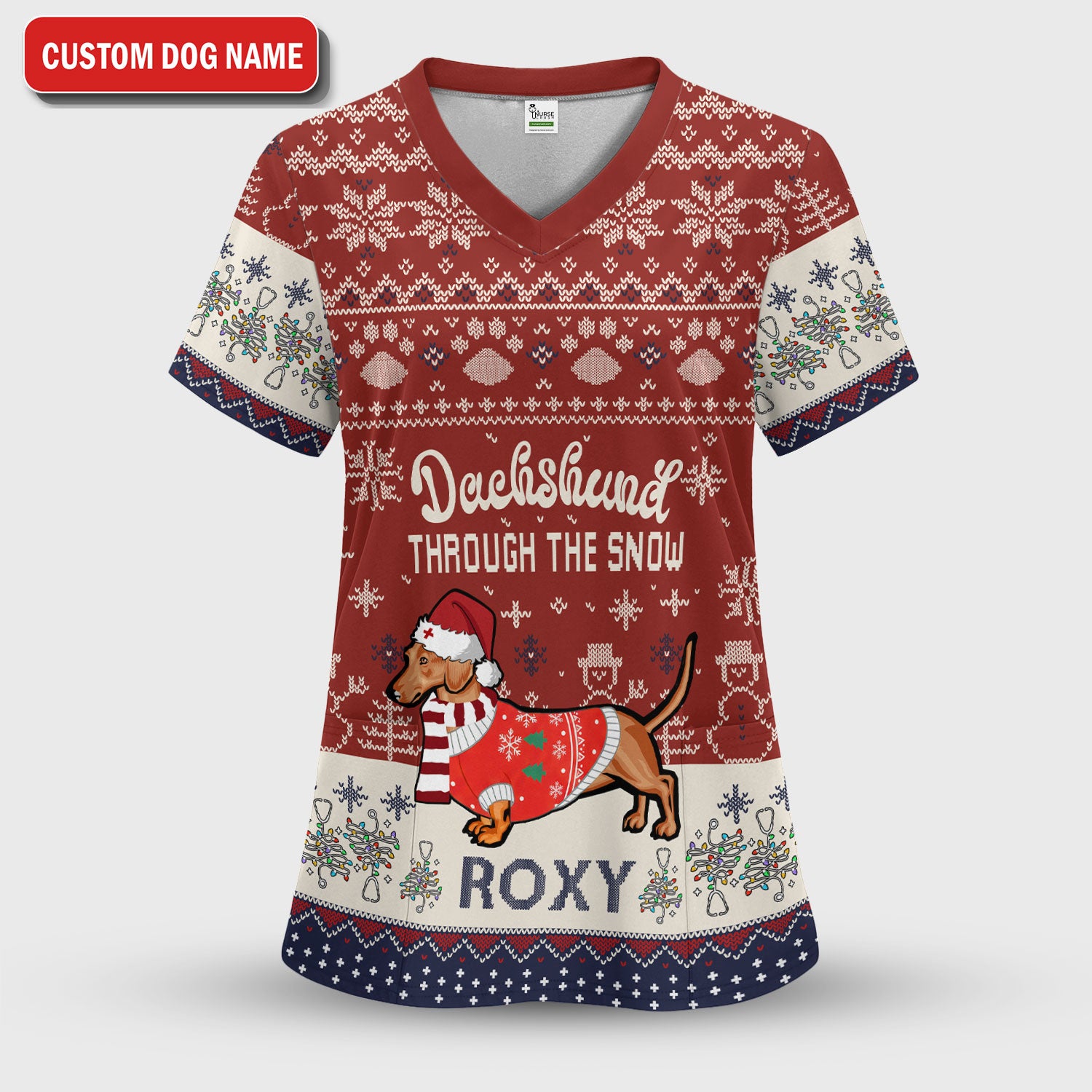 Funny Wiener Dog Christmas Ugly Scrub Top - Custom Name Dachshund Through The Snow - Cute Holiday Medical Uniform