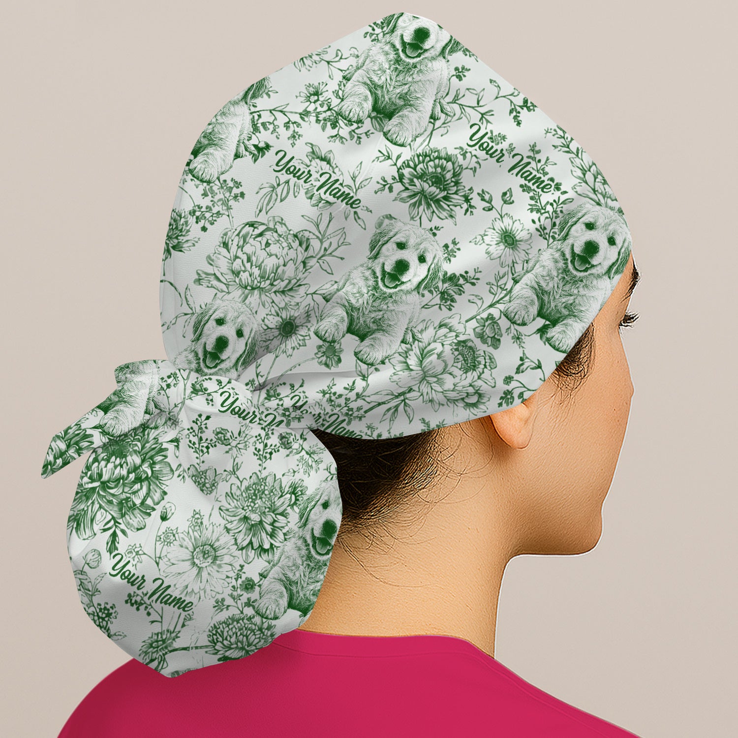 Personalized Custom Pet Photo Name Floral Pattern Scrub Cap, Surgical Caps for Doctors