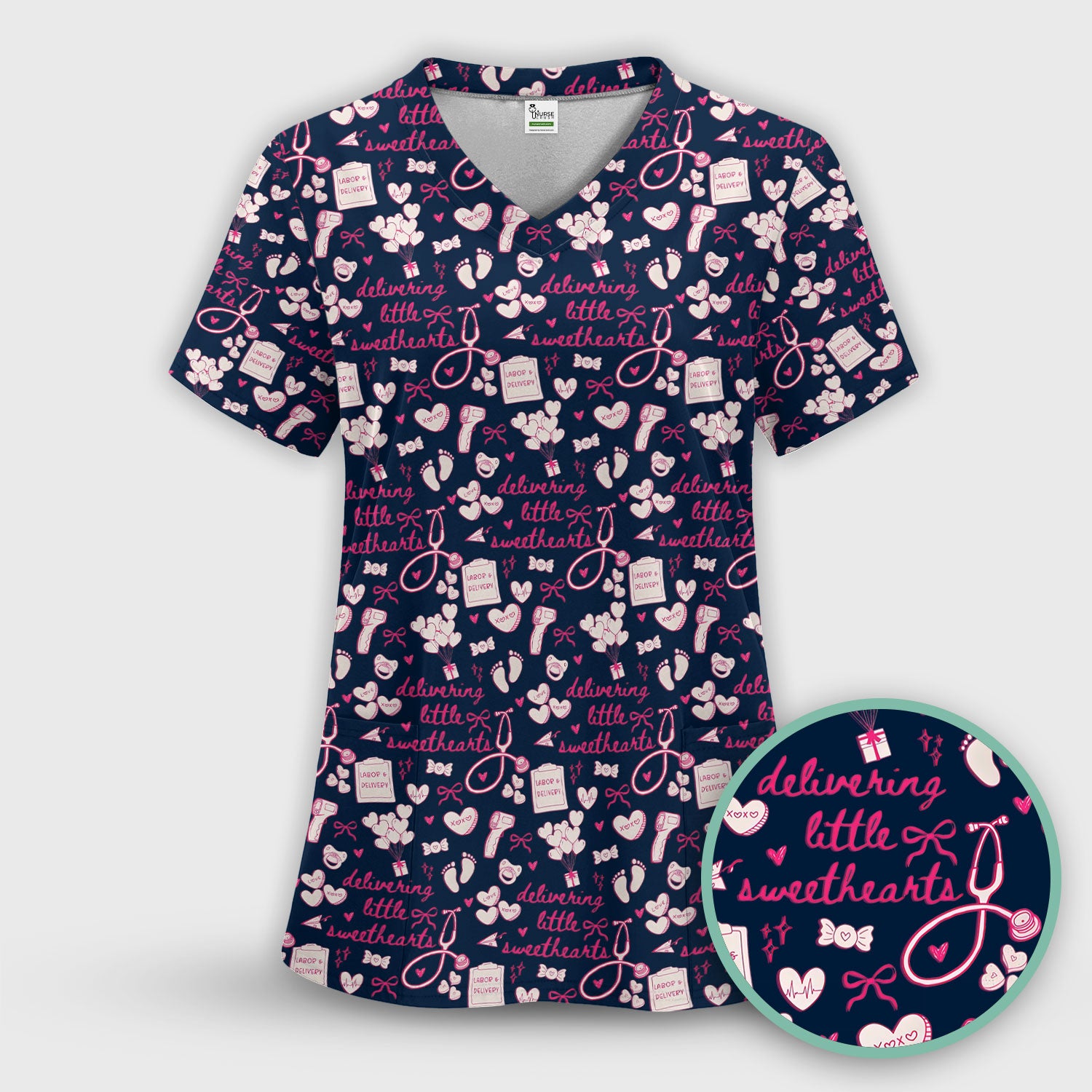 Valentine Labor And Delivery Scrub Top, XOXO Pattern Scrub Shirt, Breathable Fabrics Nursing Uniform For Women