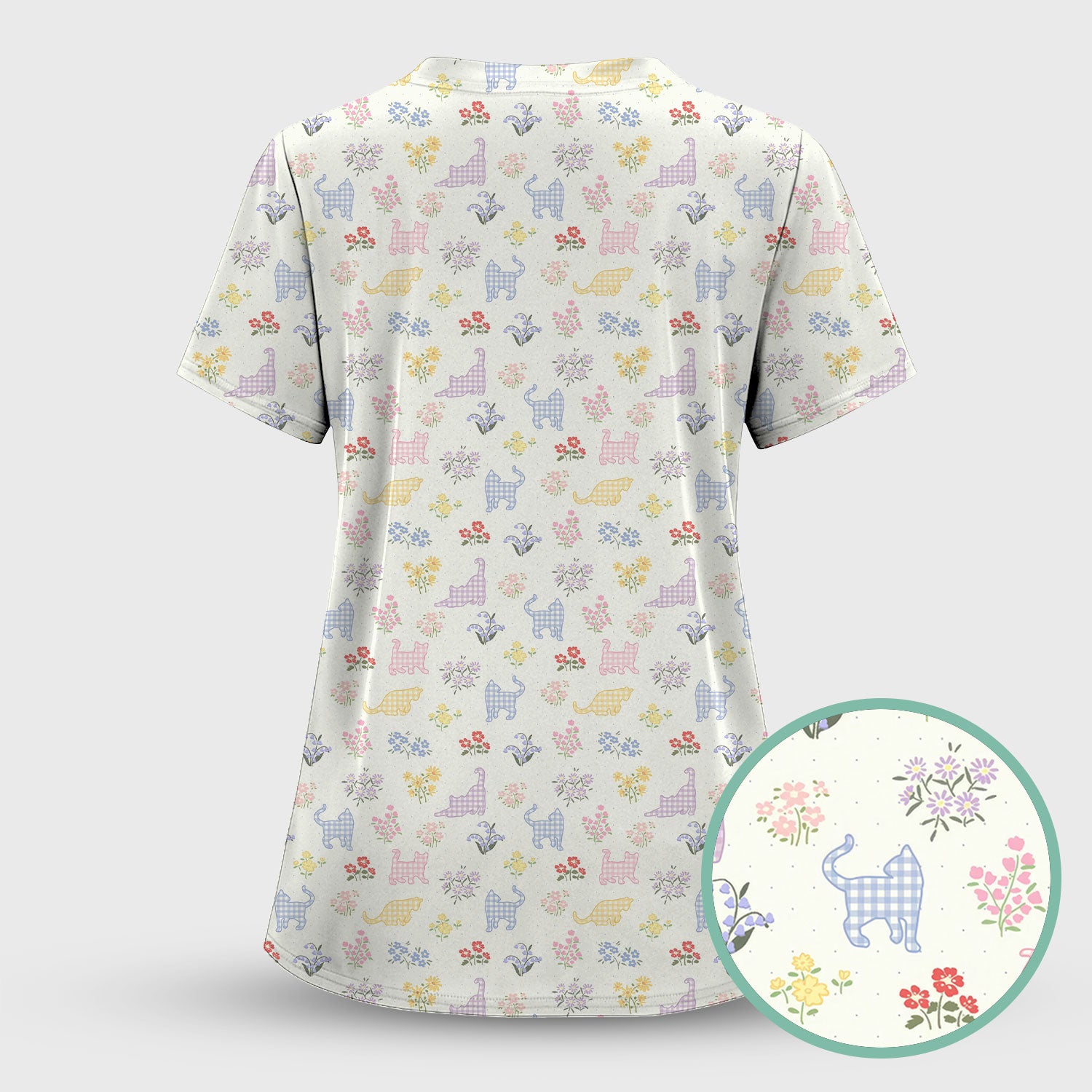 Pastel Cat Floral Nurse Scrub Top, Cute Cat Medical Pattern Shirt, Breathable Fabrics Nursing Uniform