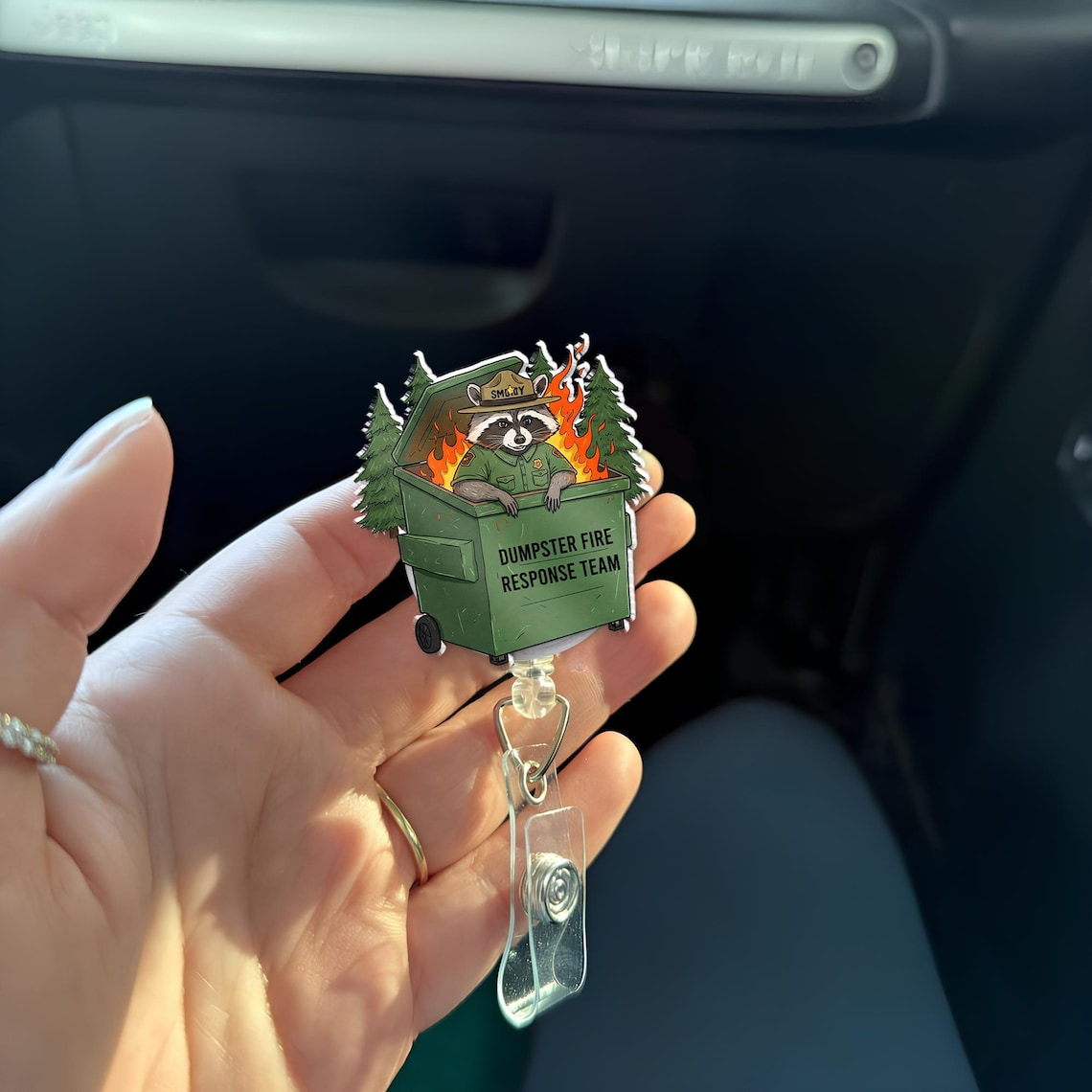 Funny Badge Reel for Nurses & Doctors, Dumpster Fire ID Holder Clip, Retractable Work Badge,  RN LPN CNA ER Gift