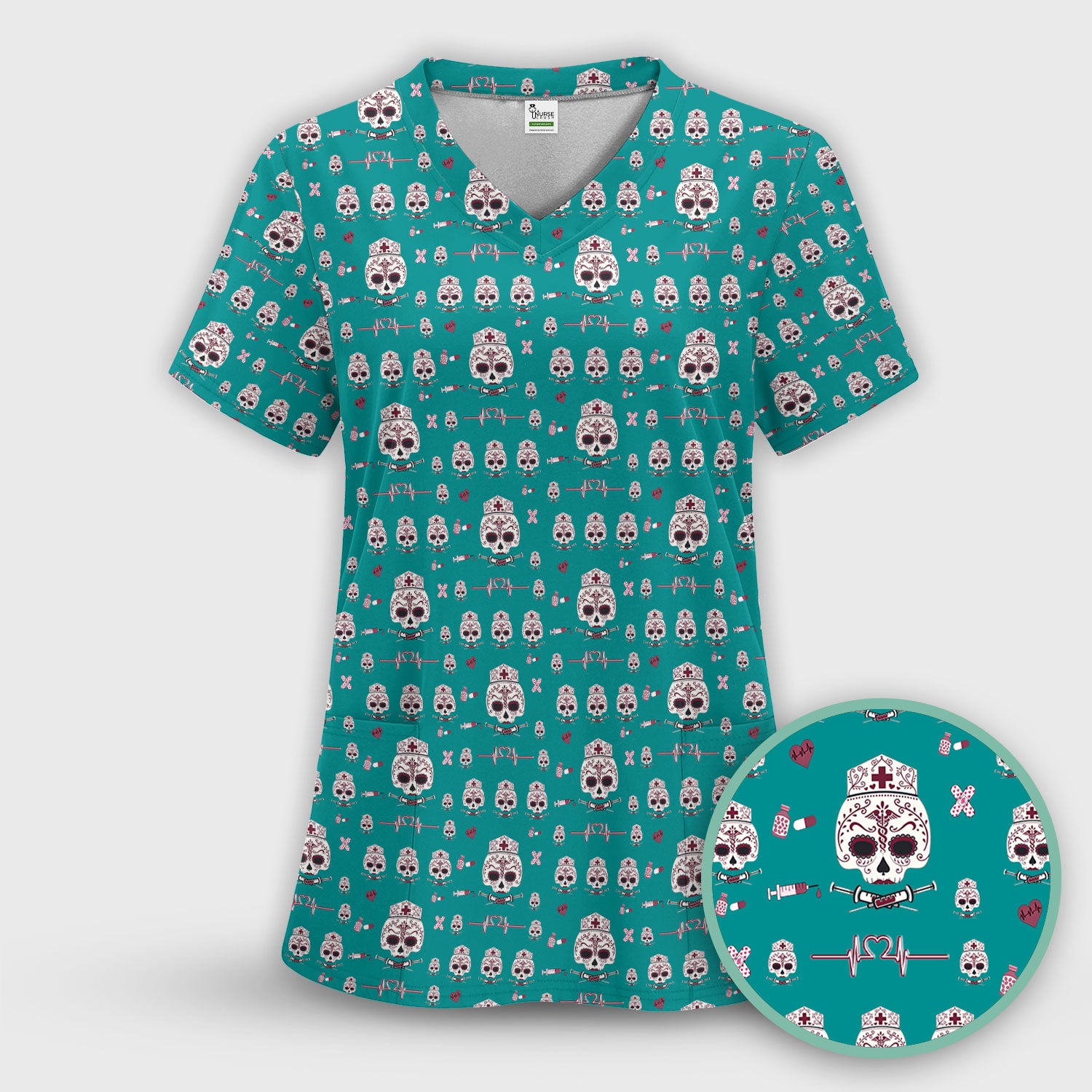 Sugar Skull Scrub Top, Skull Pattern Scrub Shirt, Breathable Fabrics Nursing Uniform