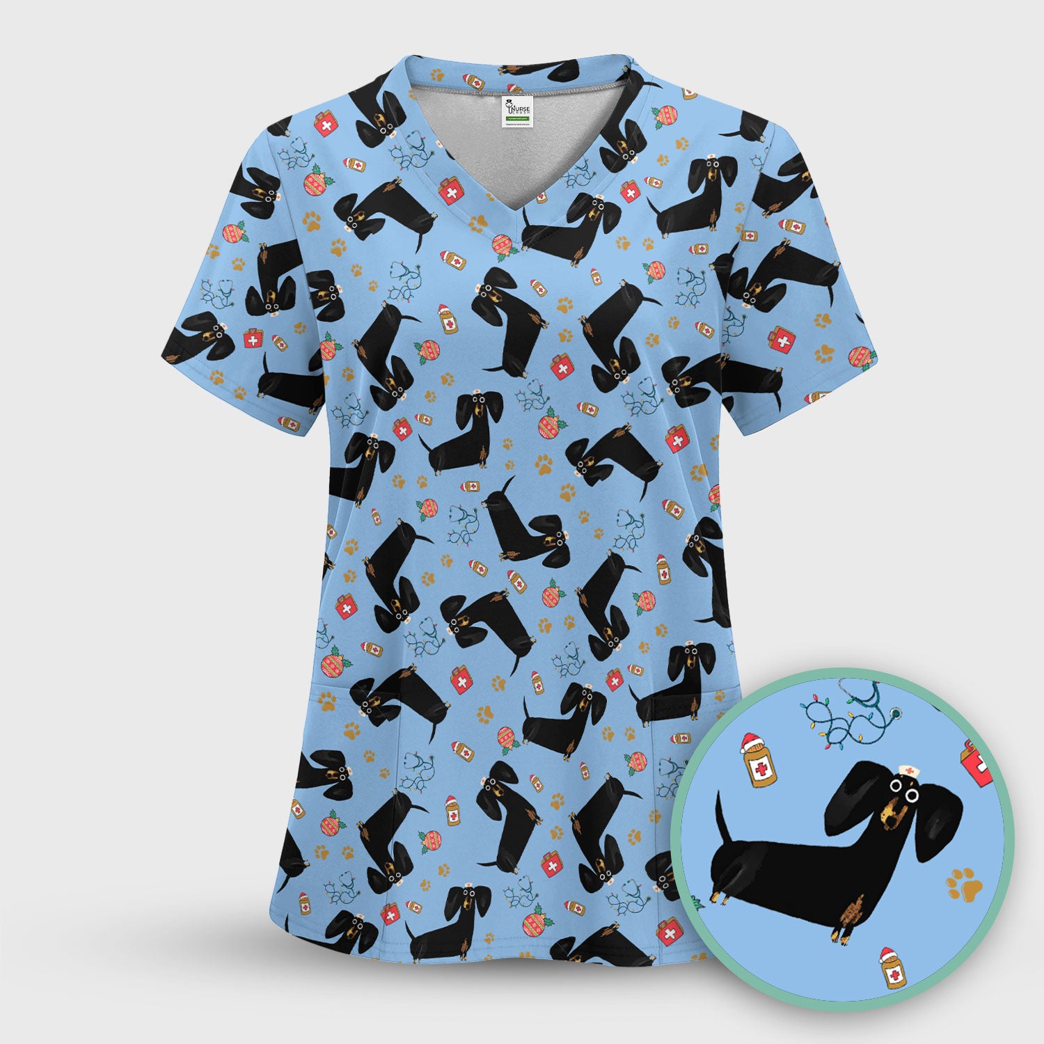 Funny Black Dachshund Scrub Top for Nurses - Cute Wiener Dog Medical Shirt - Puppy Lover Nursing Gift for Women