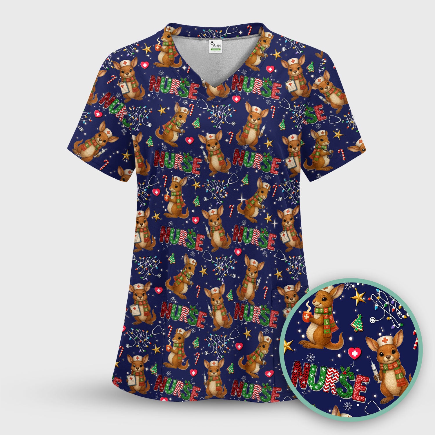 Christmas Kangaroo Nurse Scrub Top - Cute Aussie Holiday Medical Uniform - Funny Xmas Scrubs for Women