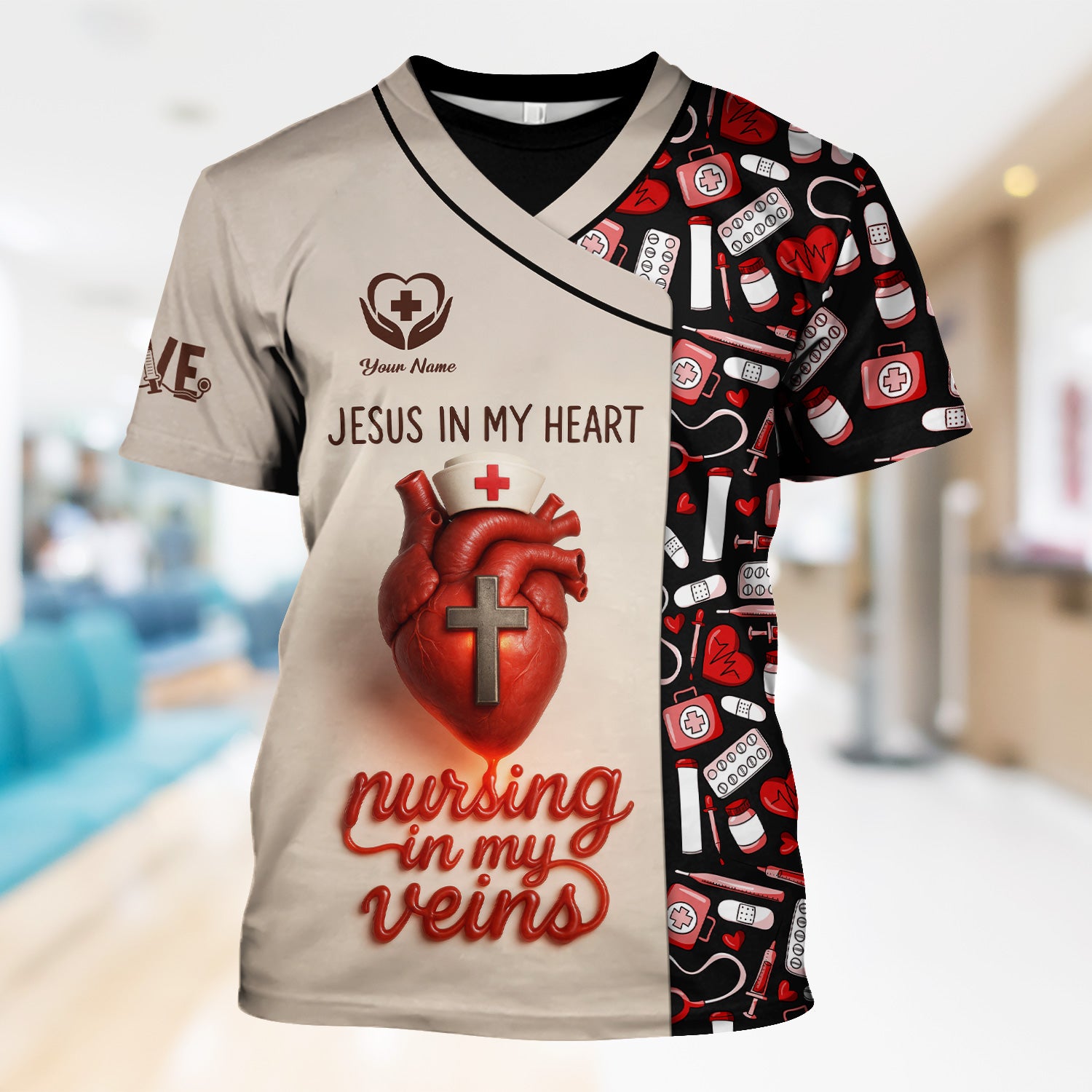 Jesus in My Heart Nurse Scrub Top - Nursing in My Veins Faith Shirt - Christian RN CNA LPN Gift for Women