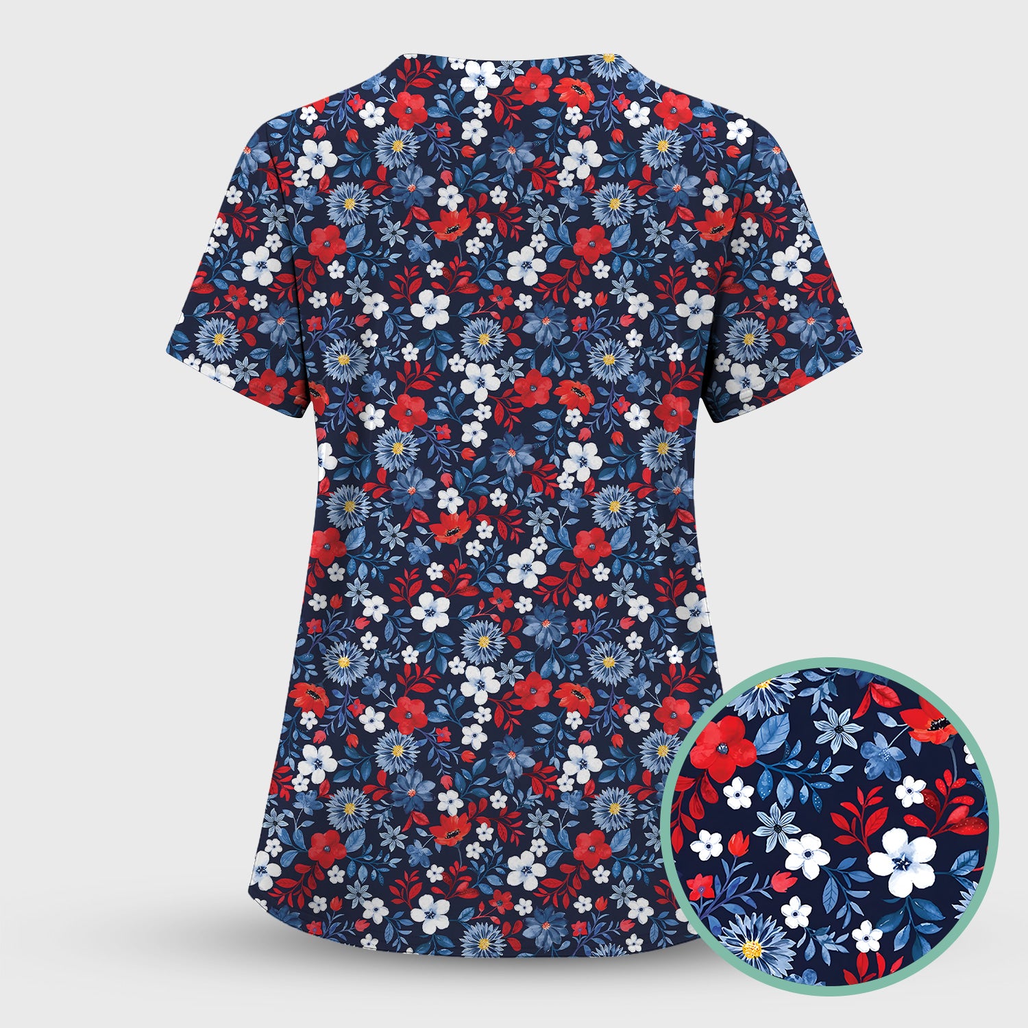 Classic Floral Print V Neck Scrub Top for Nurses, Blue Red Medical Uniform