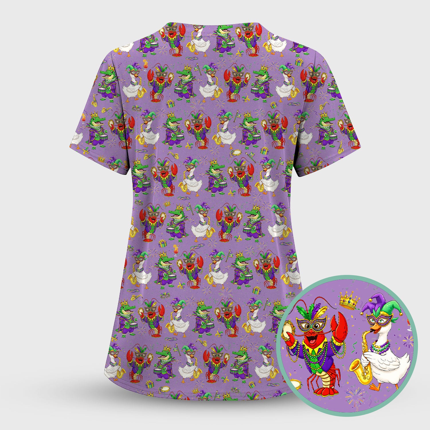 Crawfish And Duck Carnival Scrub Set, Mardi Gras Parade Pattern Nurse Shirt, Breathable Fabrics Nursing Uniform