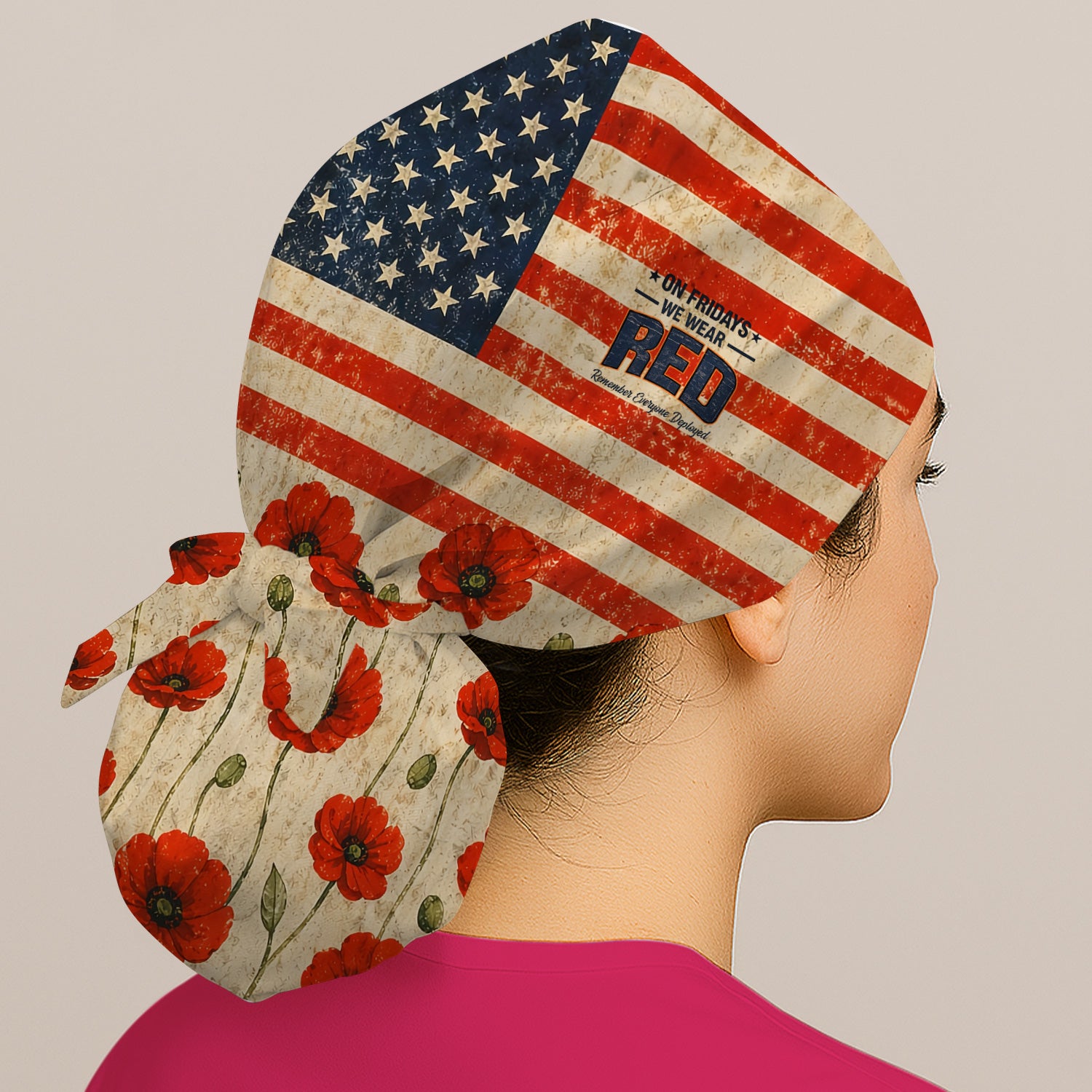 Patriotic American Flag Poppy Flower Pattern Nurse Scrub Cap, Surgical Caps for Doctors