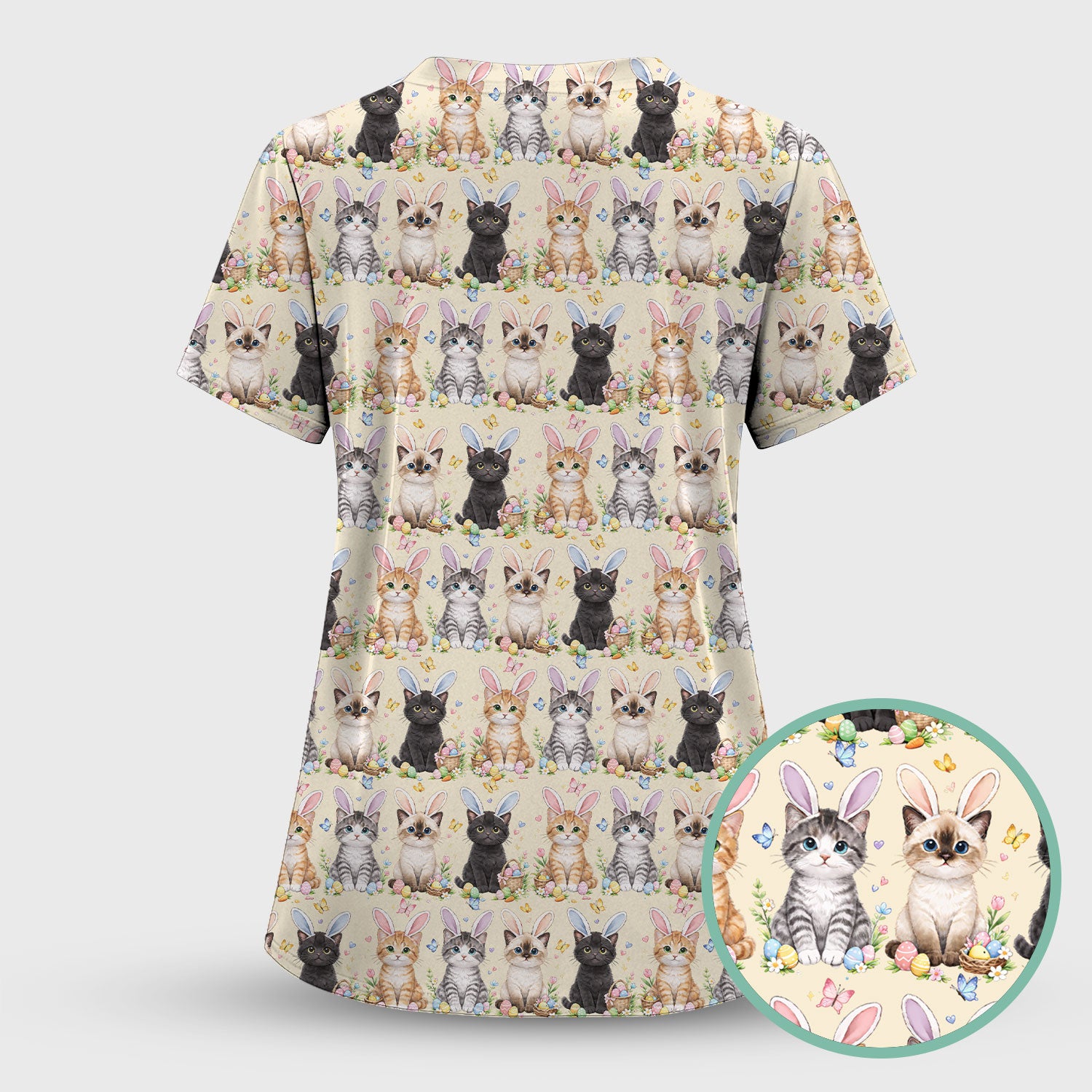 Easter Kitten Bunny Ears Pattern Scrub Top, Comfortable Scrubs for Nurses