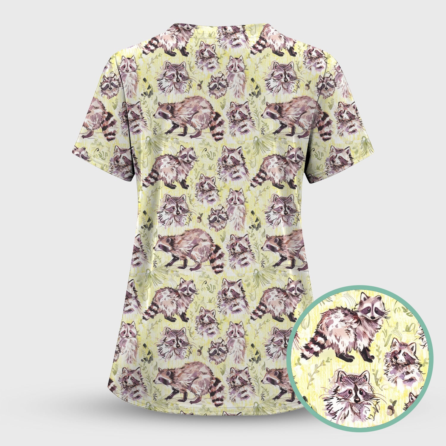 Cute Woodland Raccoon Forest Animal Pattern Scrub Set, Scrub Pants and V Neck Top