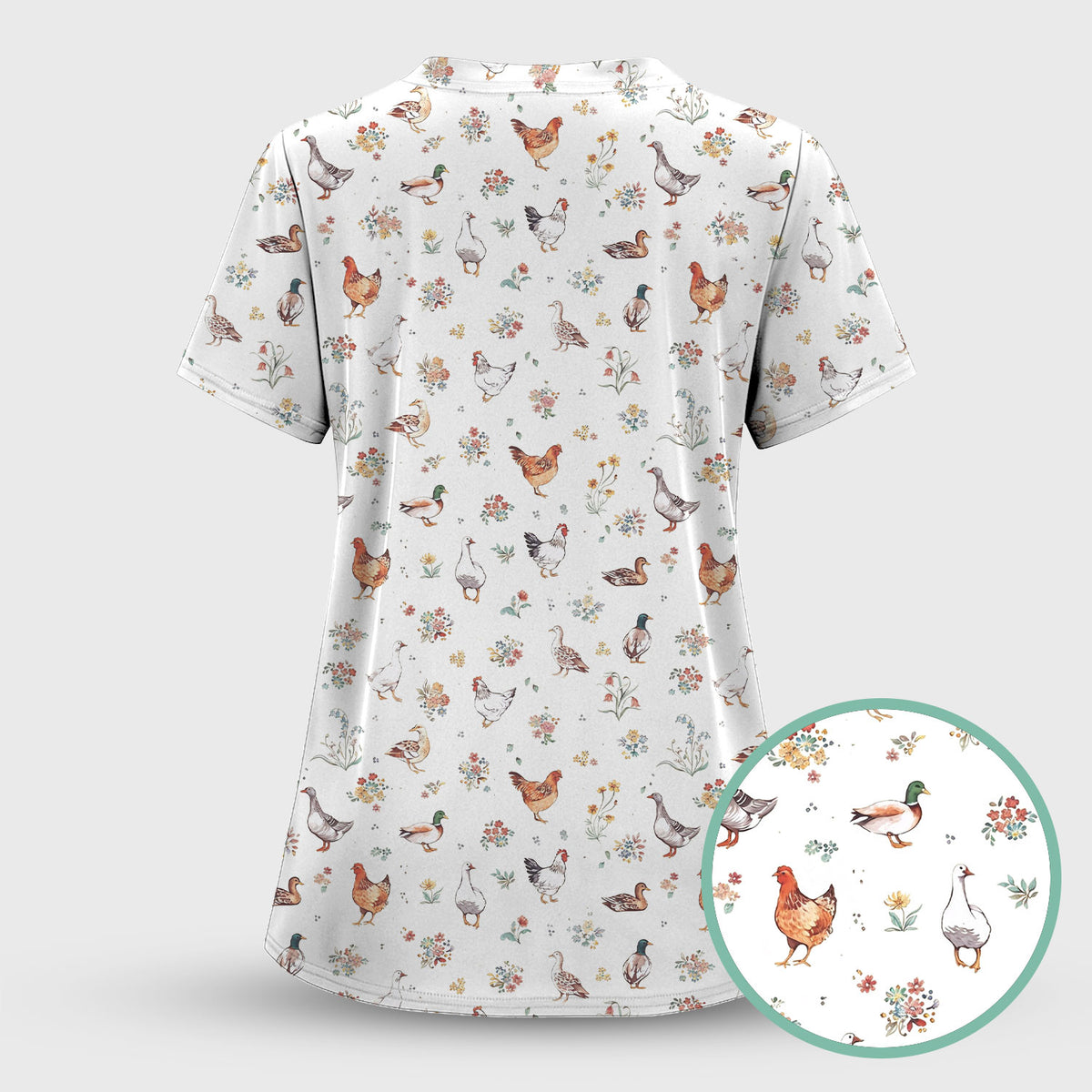 Farm Chicken Duck Floral Pattern Scrubs Sets, Scrub Pants and V Neck Top