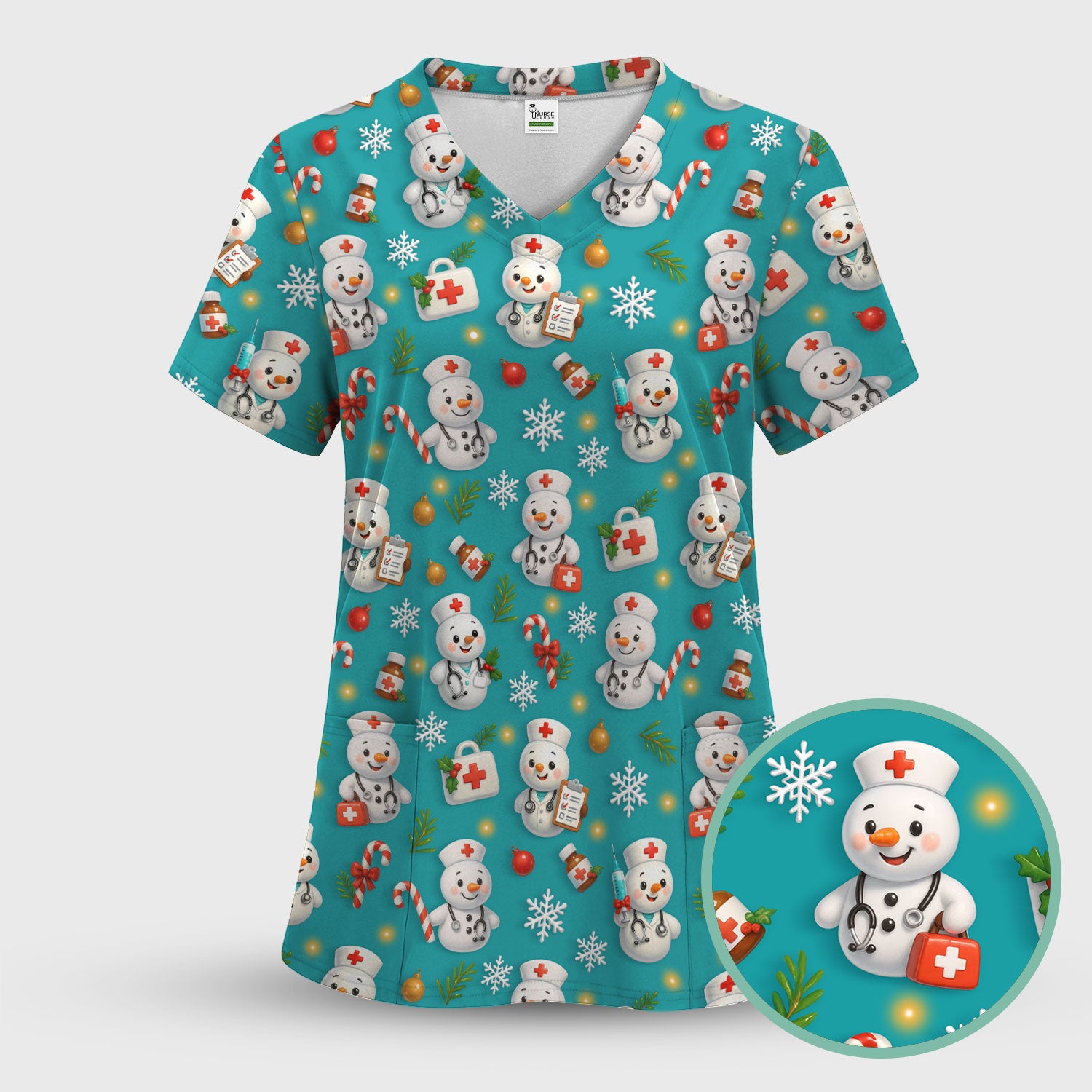 Christmas Nurse Scrub Top for Women - Cute Snowman Medical Uniform - Funny Holiday Nursing Shirt Gift for RN LPN CNA