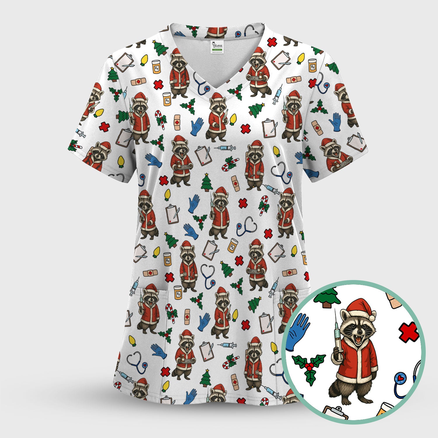 Christmas Raccoon Nurse Scrub Top - Funny Holiday Santa Pattern Shirt - Cute Medical Gift for RN LPN CNA Women