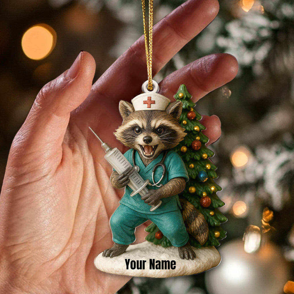 Personalized Nurse Raccoon Christmas Ornament, Custom Name Medical Holiday Decor, Funny Healthcare Worker Xmas Gift