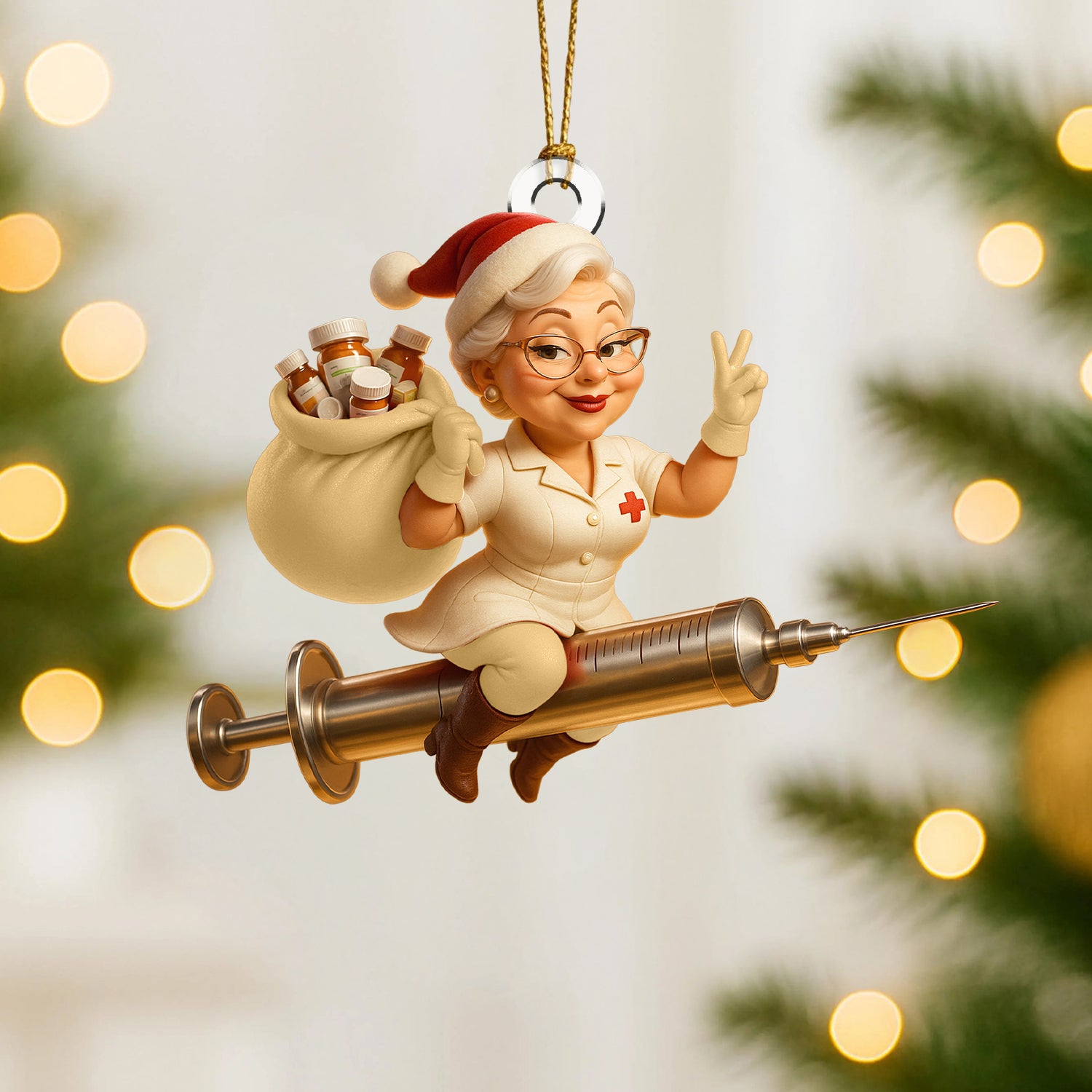 Funny Nurse Christmas Ornament, Custom Healthcare Worker Ornament, Santa Nurse Riding Syringe, Unique RN Xmas Gift