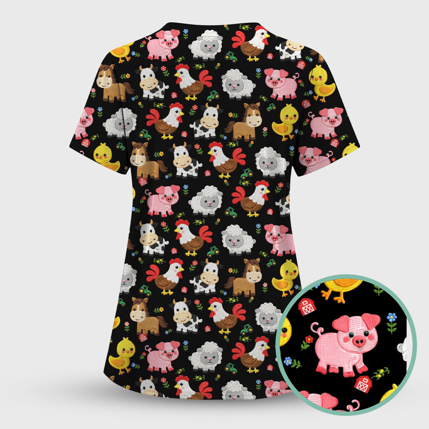 Cartoon Farm Animal Pattern Scrub Top, Breathable Fabrics Nursing Uniform