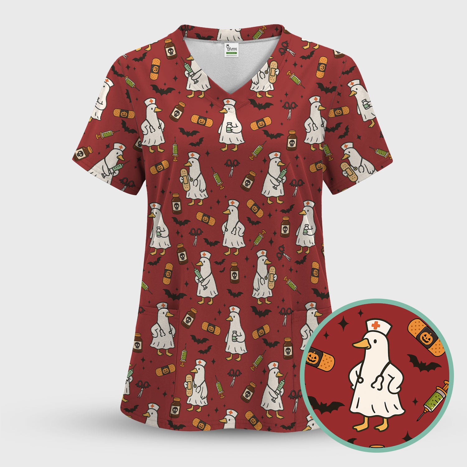 Cute Duck Pattern Nurse Scrub Top - Funny Goose Halloween Medical Design - Playful Spooky Nursing Shirt for RN LPN CNA Women