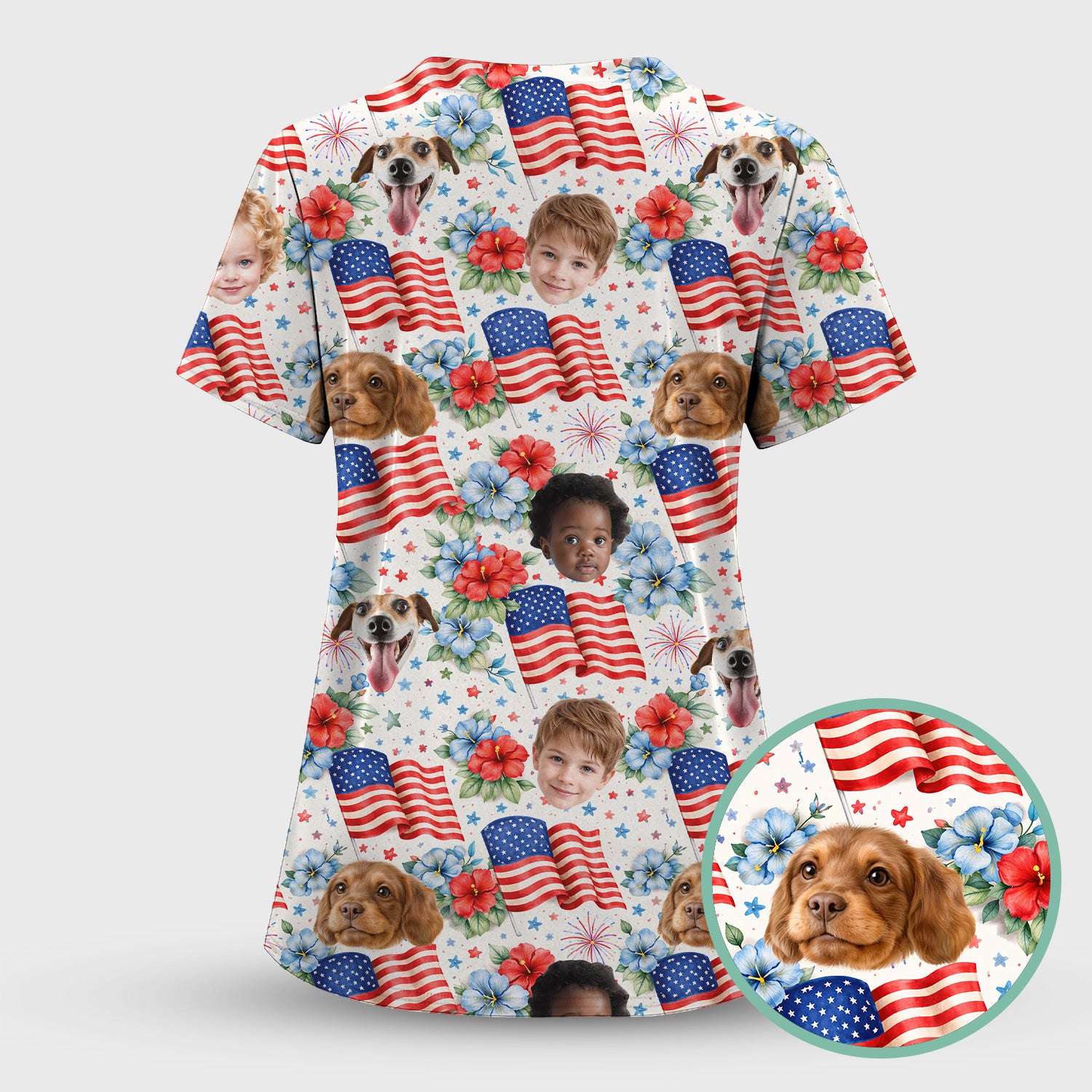 Custom Photo Patriotic Kids & Pet Faces Flag Nurse Scrub Set, Scrub Pants and V Neck Top