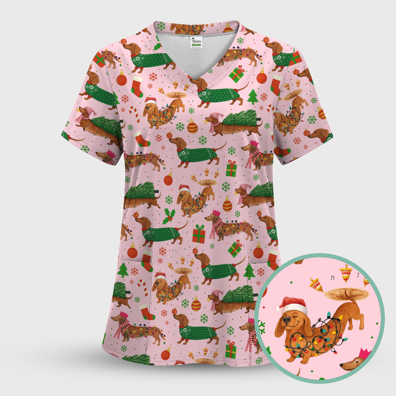Funny Christmas Dog Scrub Top - Dachshund Multi Color Scrub Shirt - Holiday Scrubs Gift for Nurse, CNA, RN, Doctor, Medical Staff