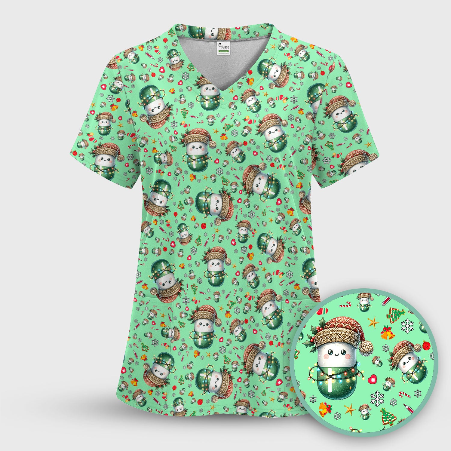 Pharmacy Tech Christmas Scrub Top – Cute Green Snowman Print Nurse Outfit – Funny Holiday Medical Uniform for Pharmacists