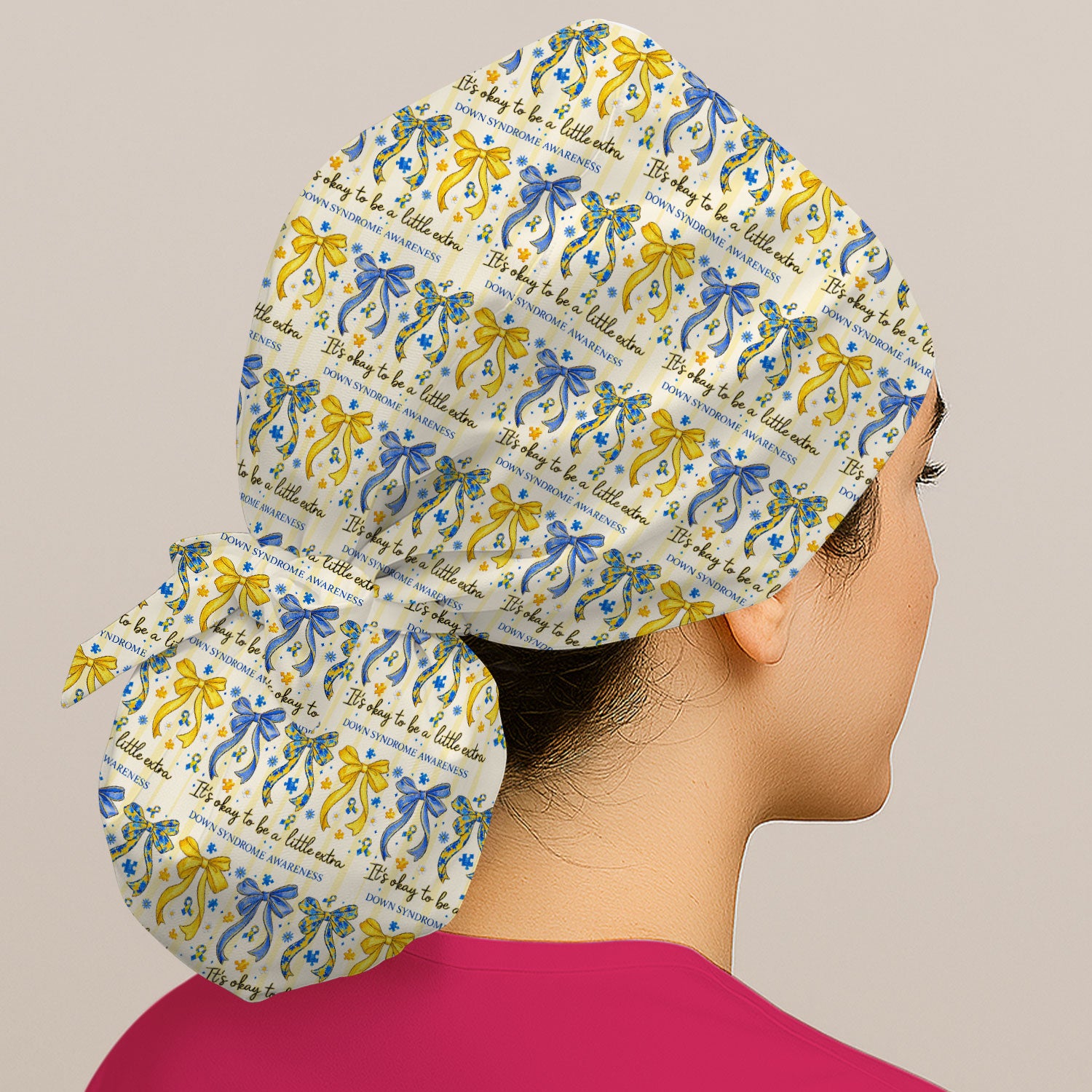 Down Syndrome Awareness Ribbon Pattern Cap, Bouffant Scrub Caps for Women
