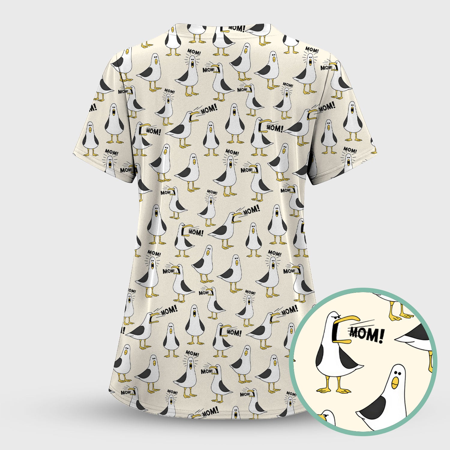 Funny Seagull Mom Seamless Pattern Scrub Set, Scrub Pants and V Neck Top