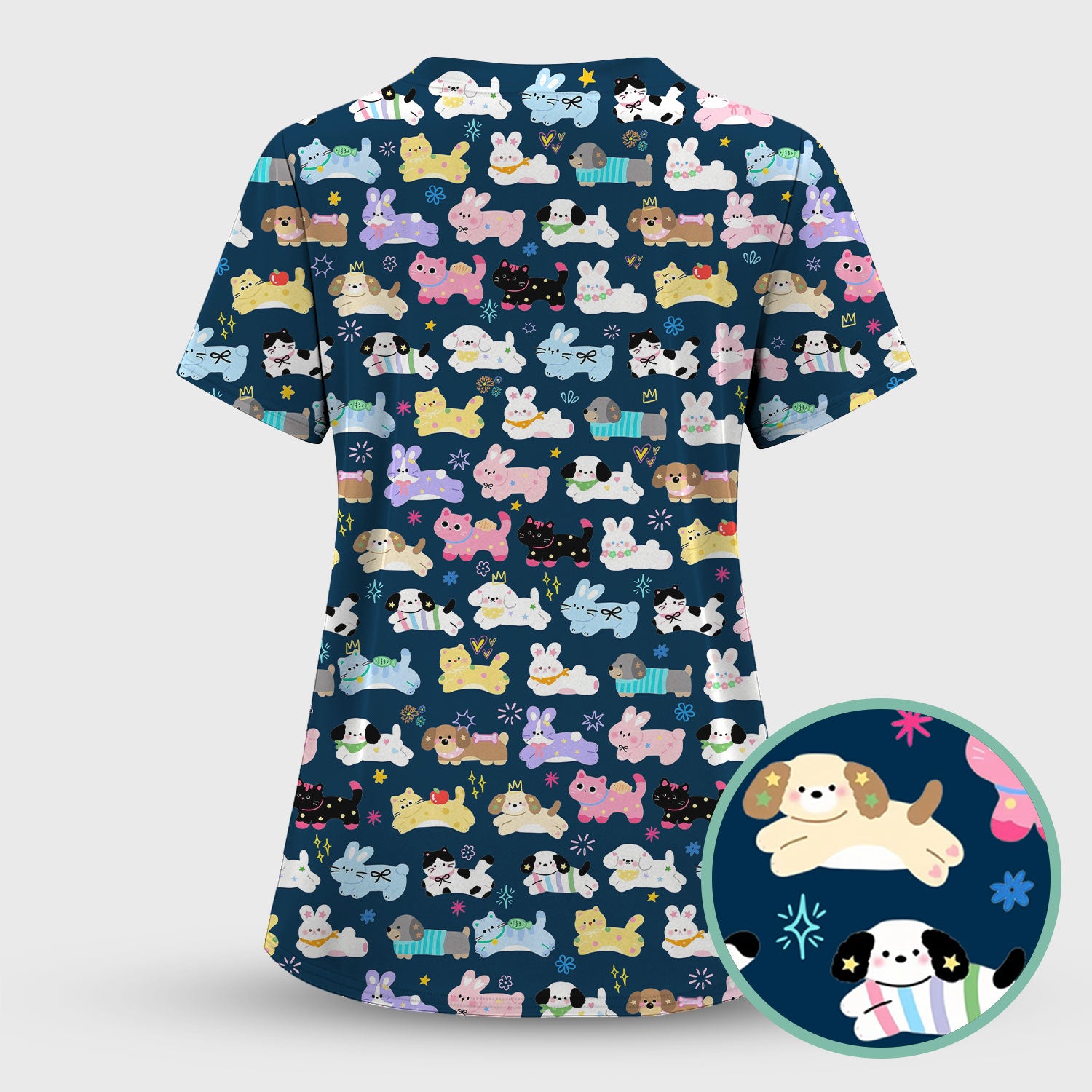 Cute Kawaii Animal Pattern Scrub Set, Scrub Pants and V Neck Top