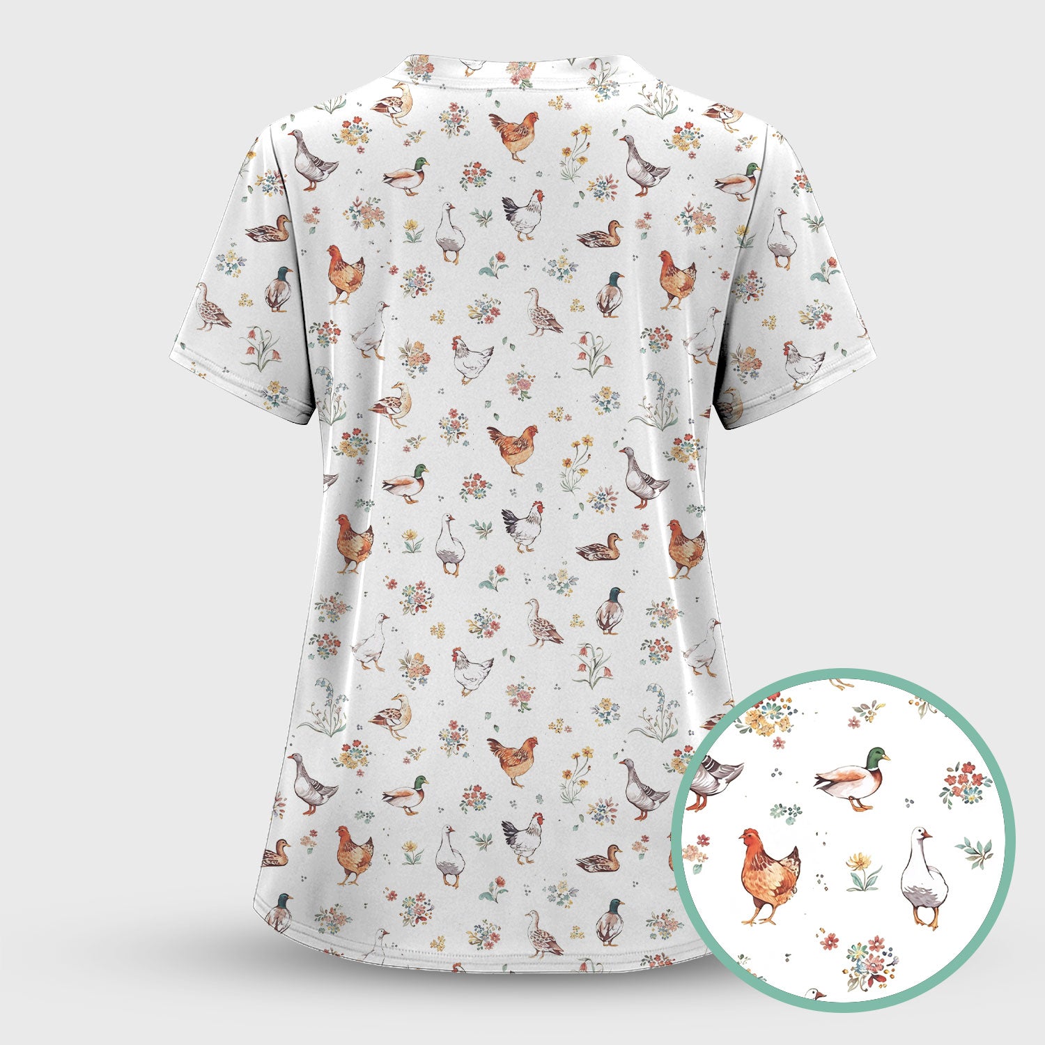 Farm Chicken Duck Floral Pattern Scrubs Top, Comfortable Scrubs for Nurses