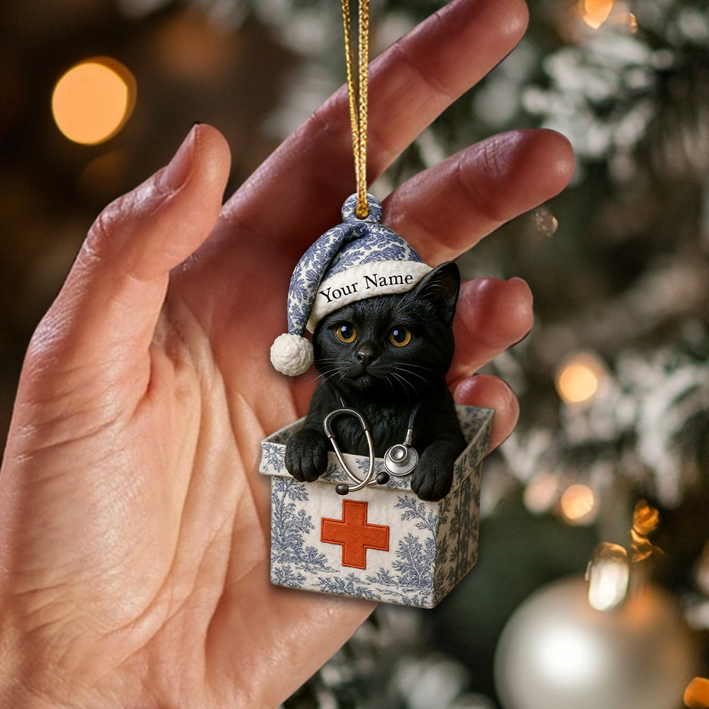 Personalized Black Cat Nurse Ornament, Custom Name Toile De Jouy Medical Decor, Christmas Healthcare Gift for Nursing