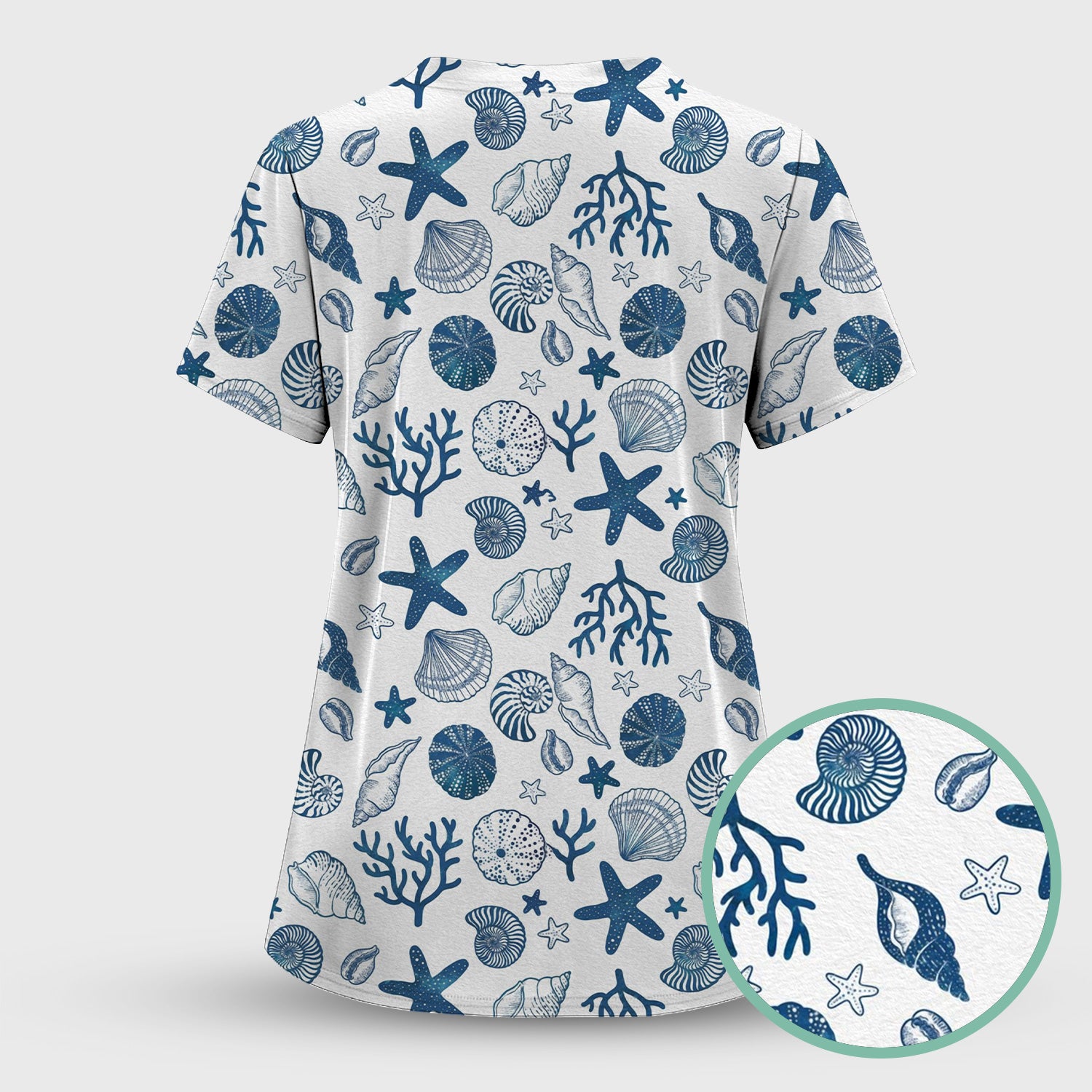 Cute Ocean Shell Starfish Pattern Scrub Top, Comfortable Scrubs for Nurses